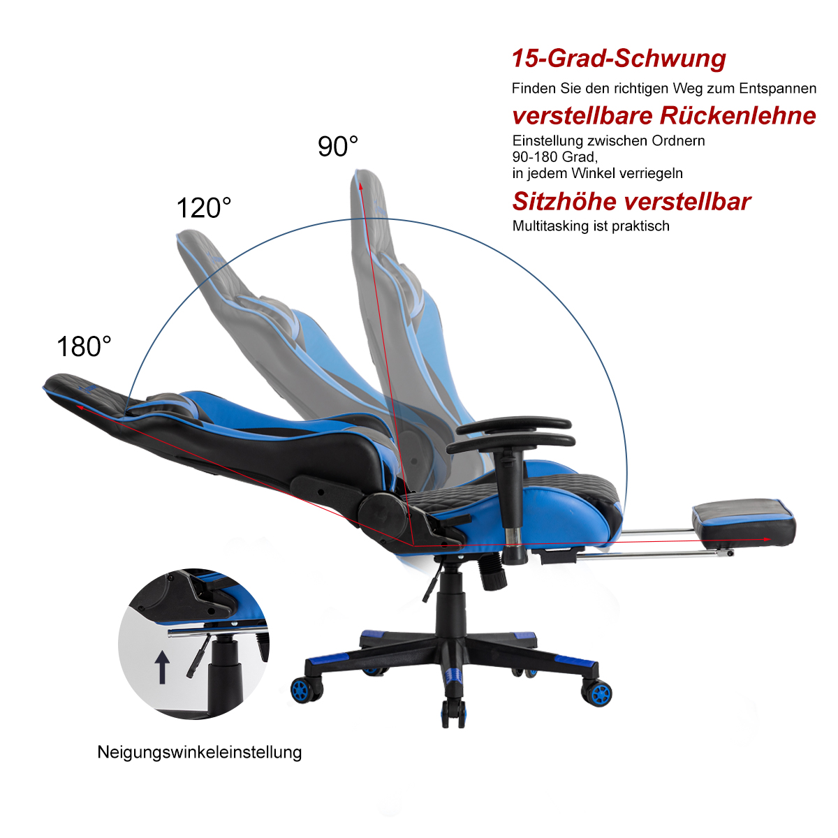 Gaming-Stuhl, verstellbare Rückenlehne, mit blauem und schwarzem Design und Beinauflage.