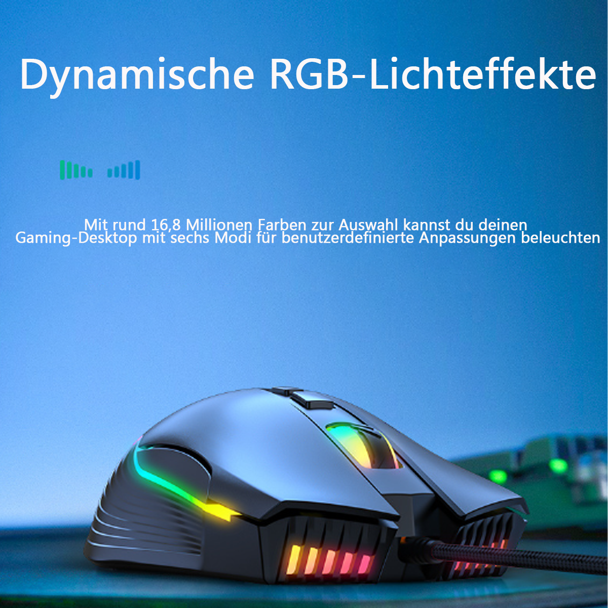 Gaming-Maus, schwarz mit bunten Lichtern. Text und grafische Darstellung. Nahaufnahme.