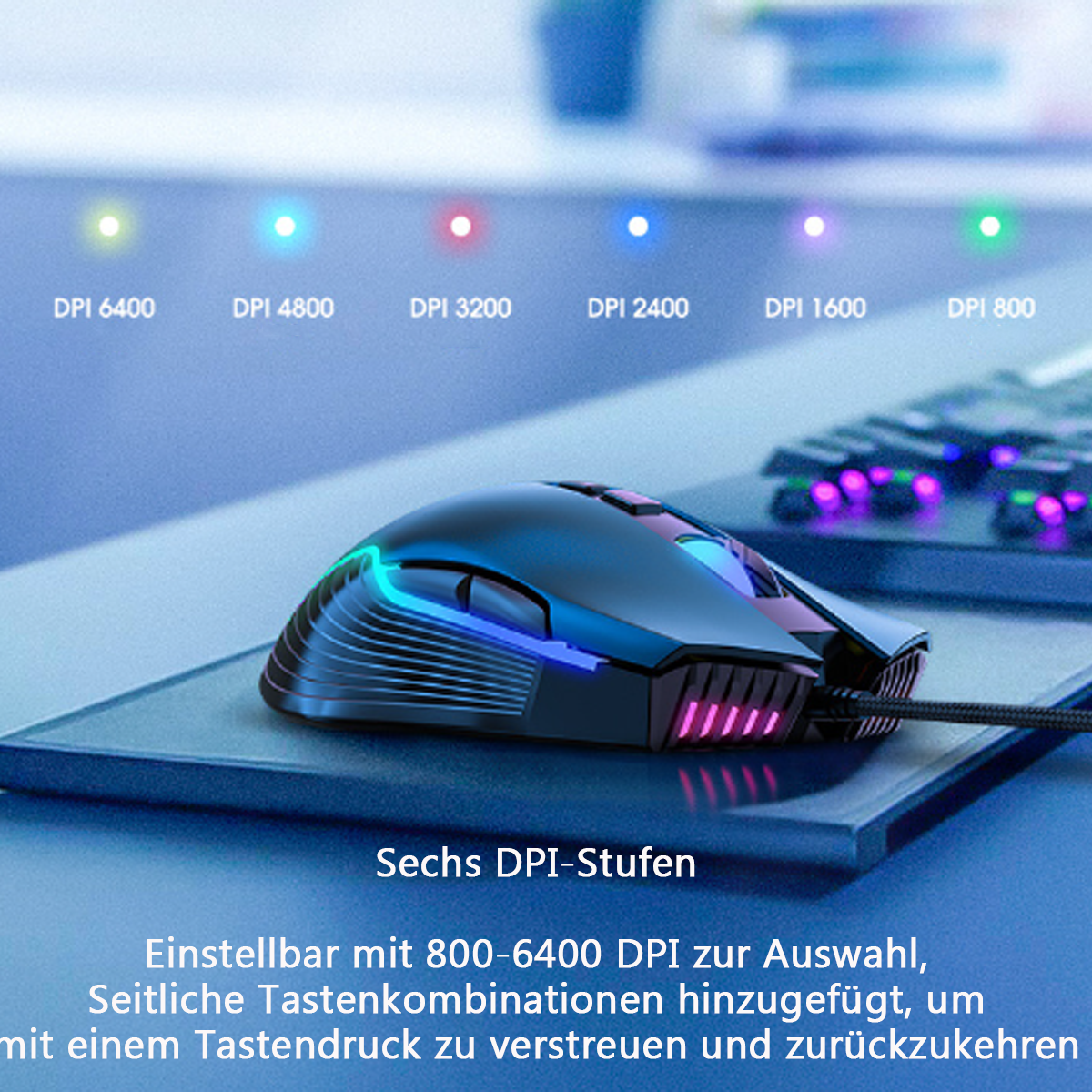 Schwarze Gaming-Maus mit bunten Lichtern und DPI-Optionen. Im Hintergrund ist eine Tastatur.
