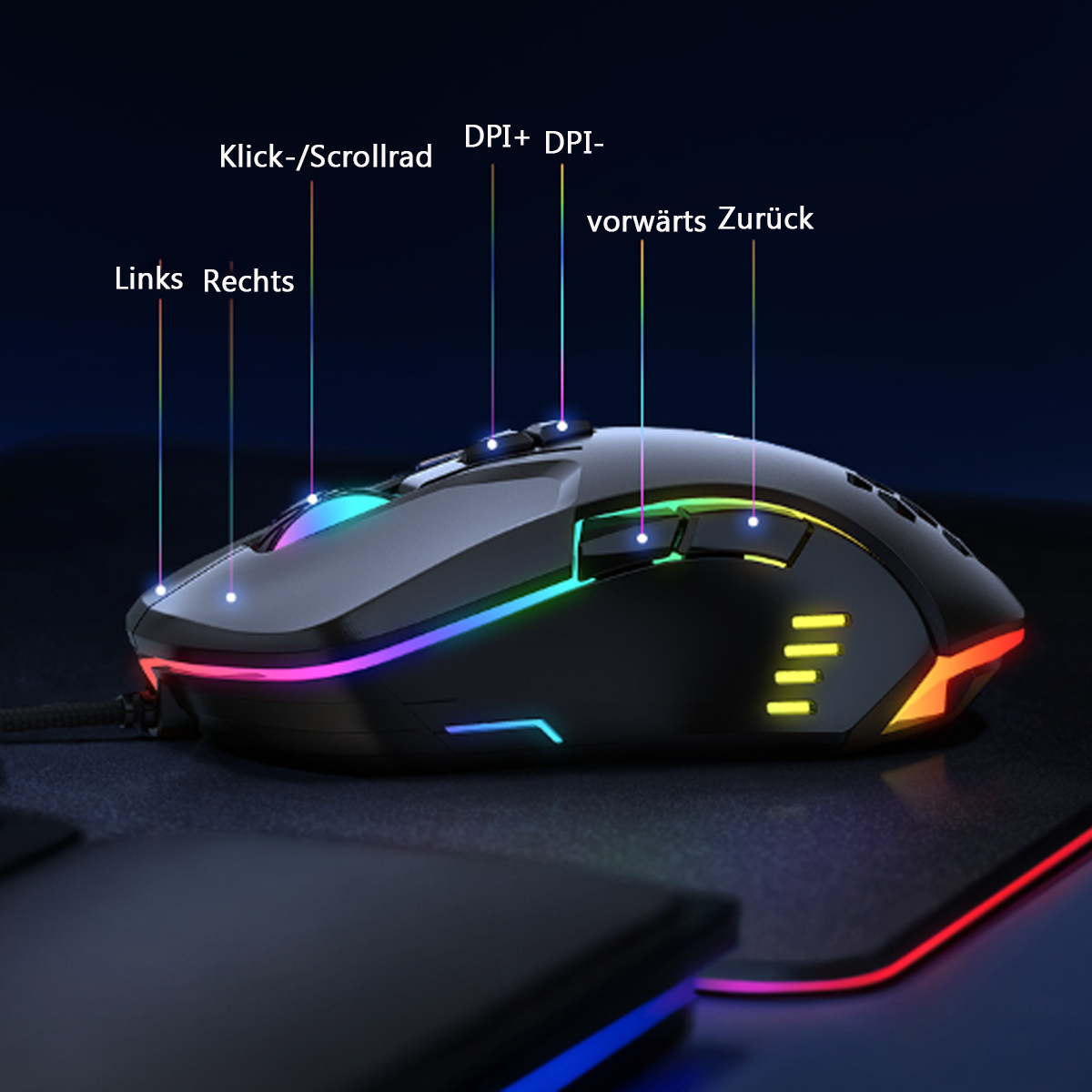 Gaming-Maus mit bunten Lichtern und beschrifteten Tasten: Links, Rechts, DPI+, DPI-, usw.