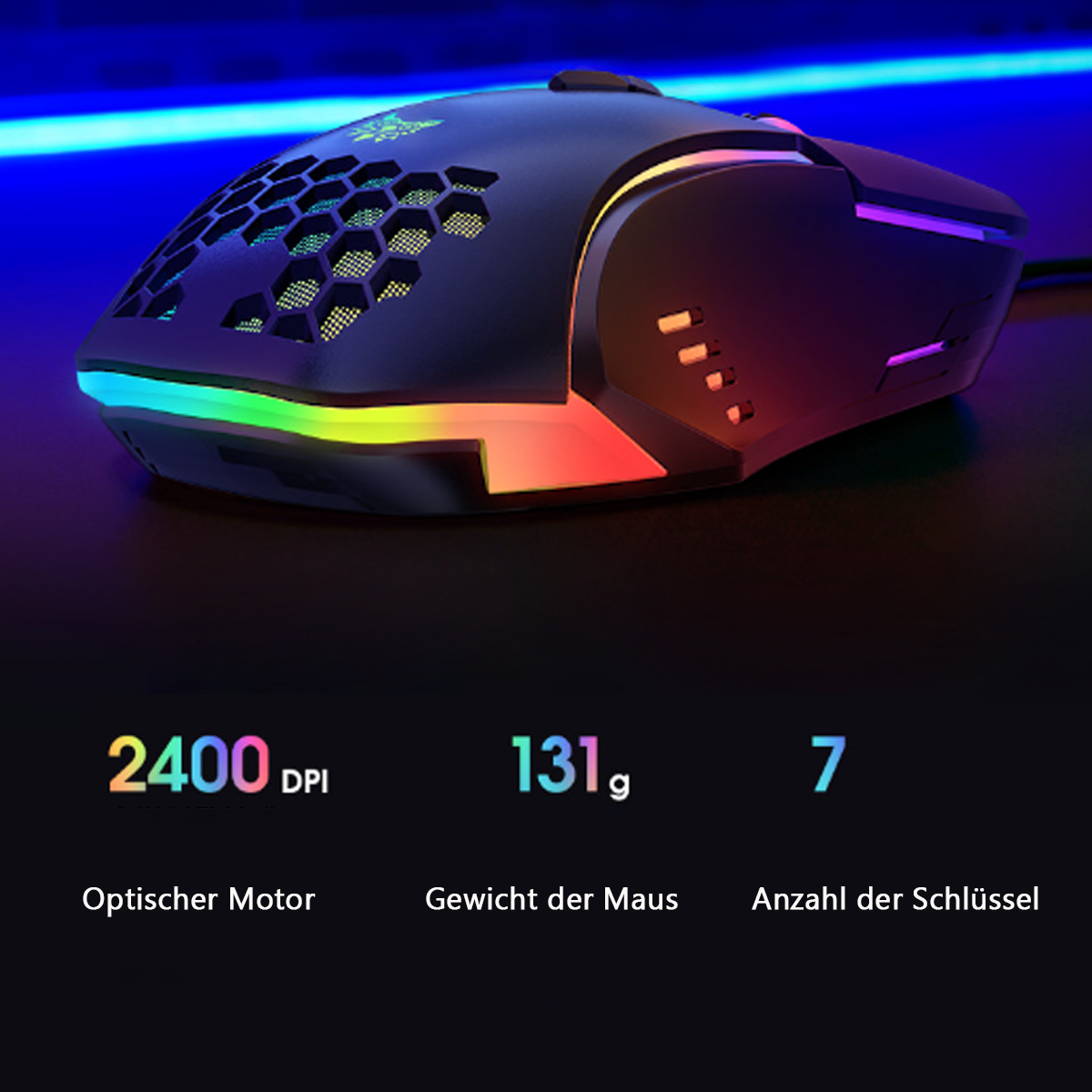 Schwarze Gaming-Maus mit RGB-Beleuchtung. Merkmale: 2400 DPI, 131g Gewicht und 7 Tasten.