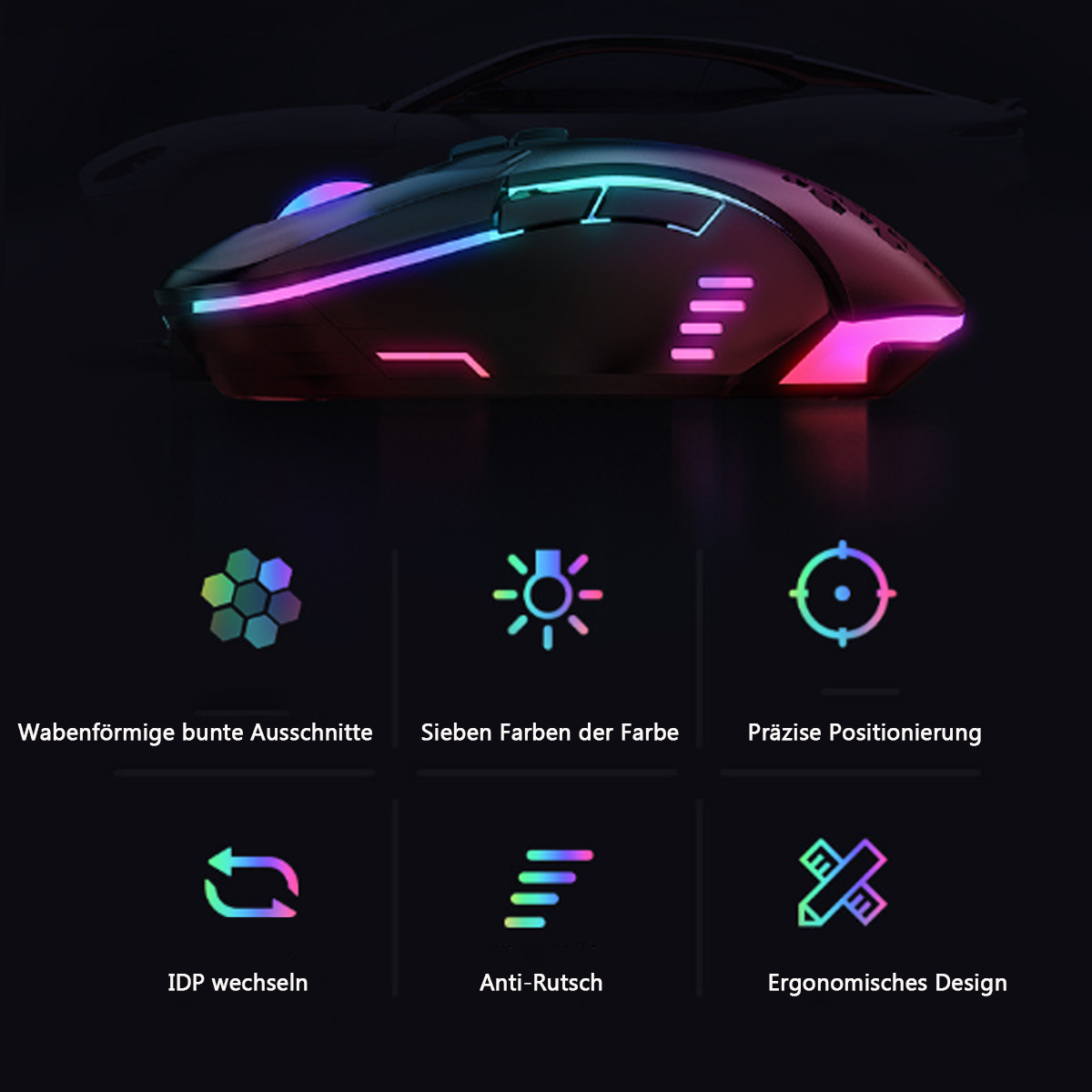 Gaming-Maus mit RGB-Beleuchtung. Die Maus hat ein schlankes Design mit mehreren Tasten und einem futuristischen Aussehen.