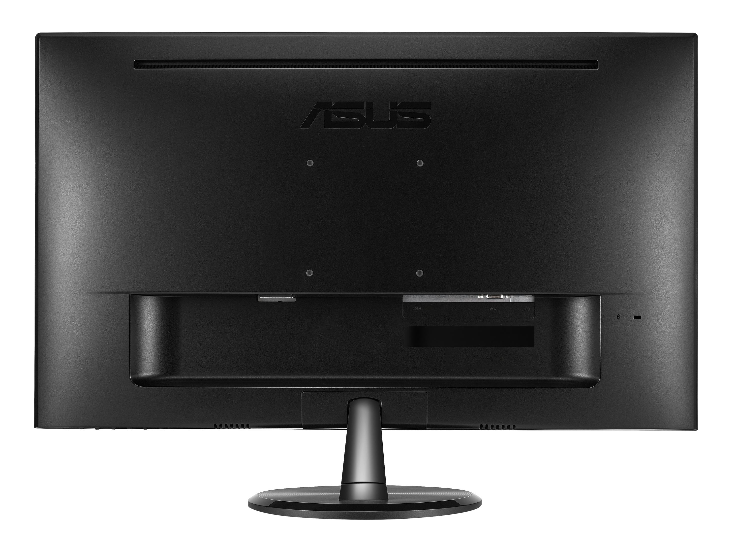 Il retro di un monitor ASUS nero. Con logo ASUS e varie porte.