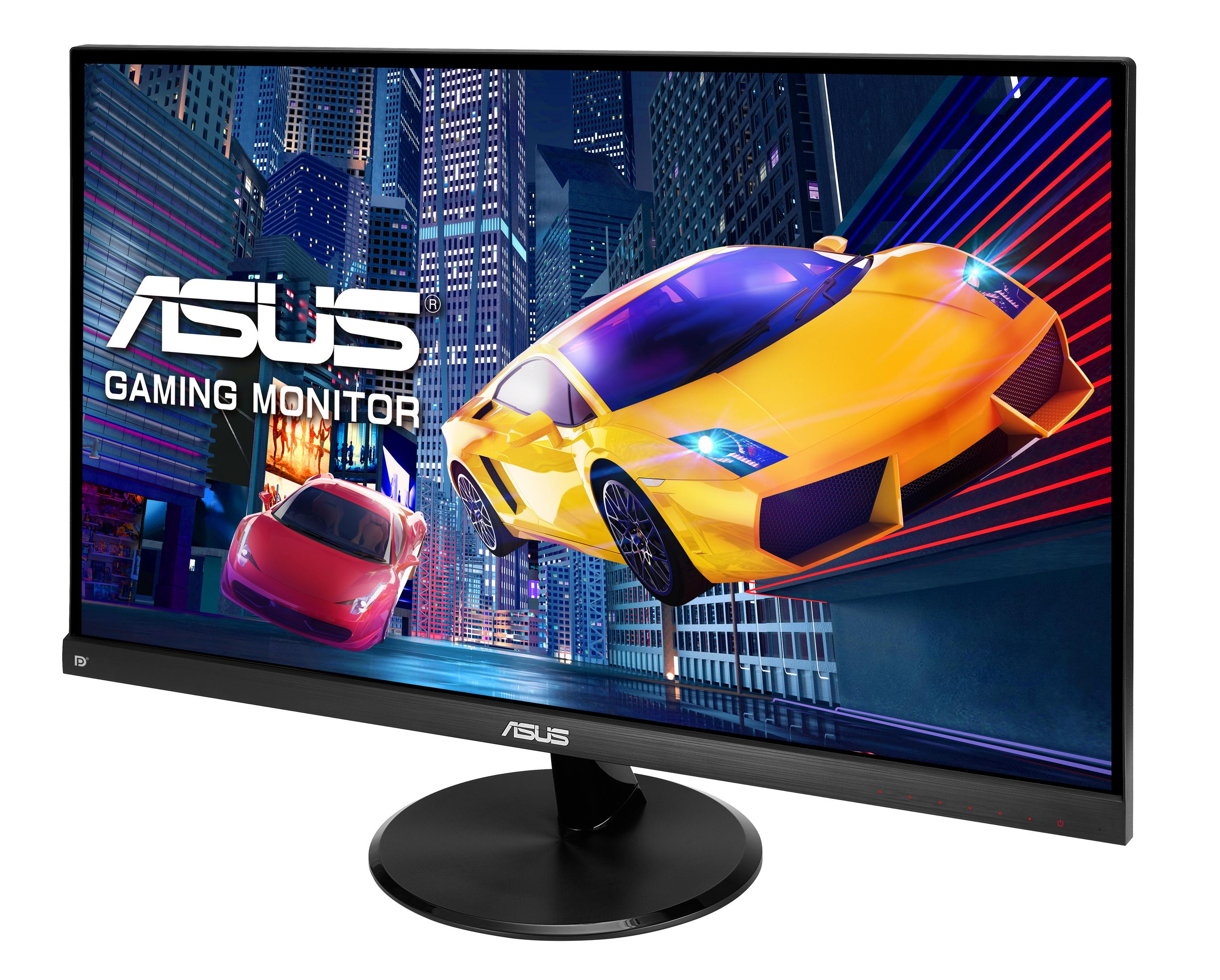 Monitor gaming mostra una città con auto. Il monitor è nero con il logo ASUS.