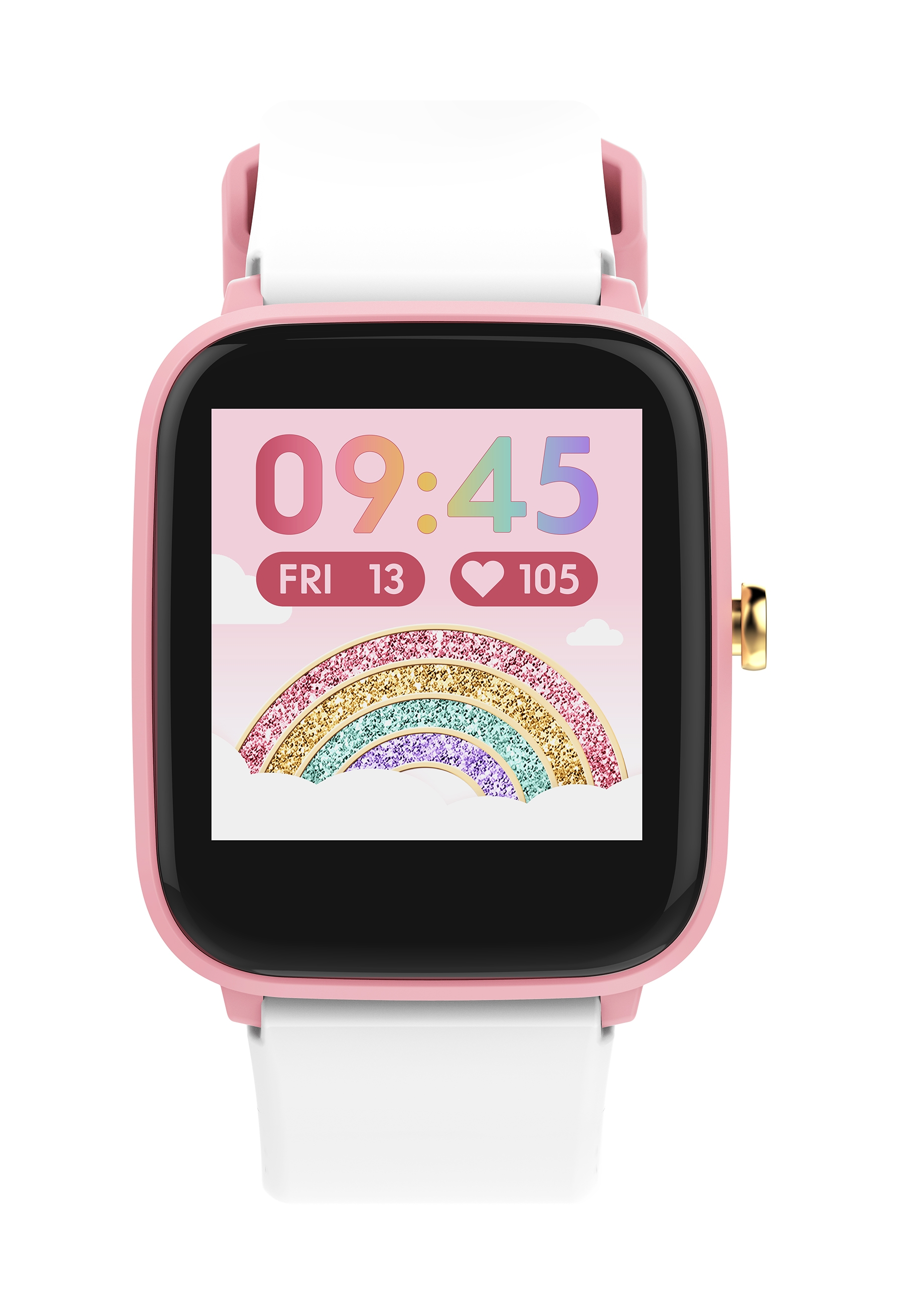 Eine pinke Smartwatch mit weißem Armband. Der Bildschirm zeigt Zeit, Datum und ein Regenbogen-Design.