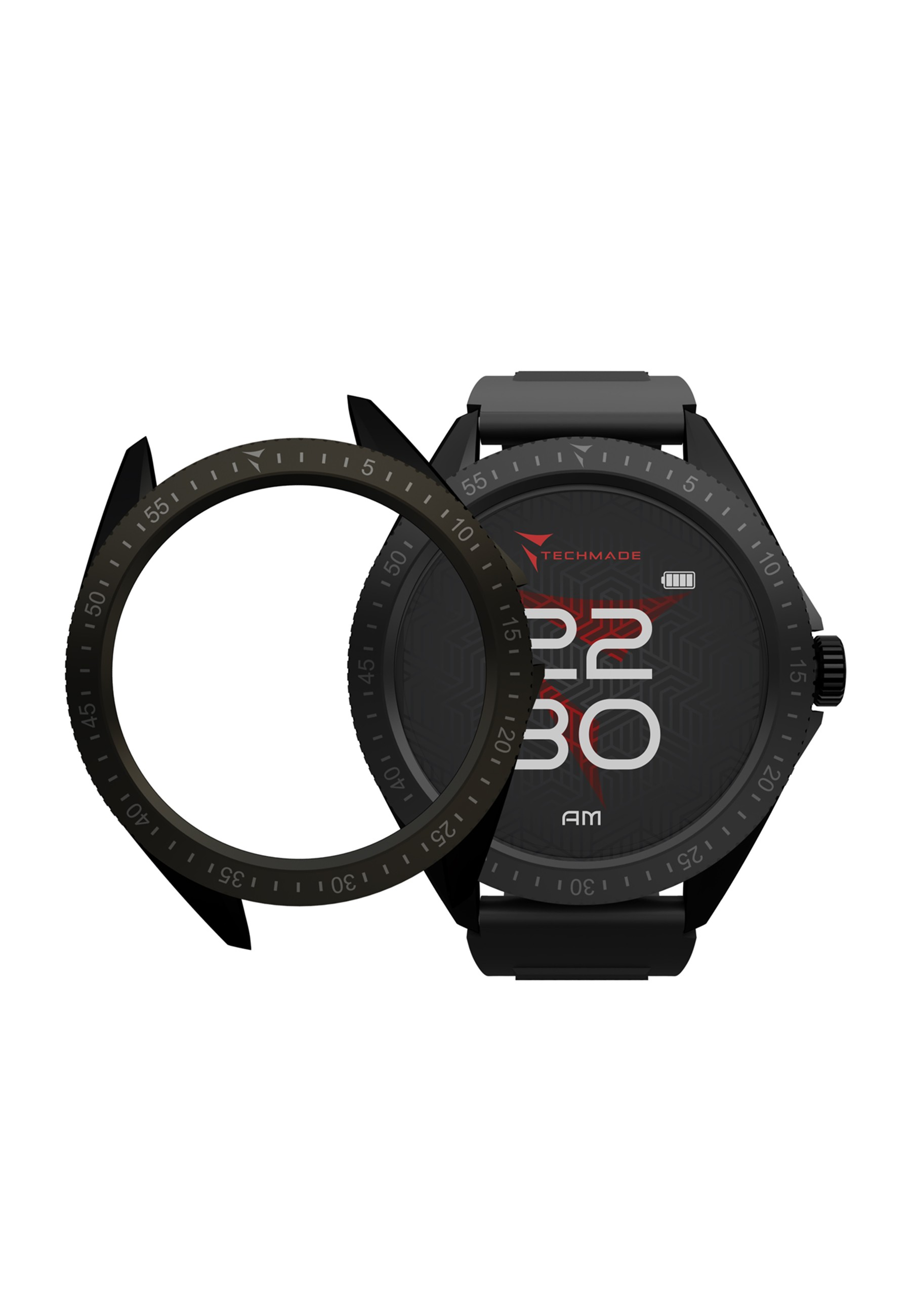Smartwatch nero con lunetta staccata. Il quadrante mostra l'ora e il nome del marchio.