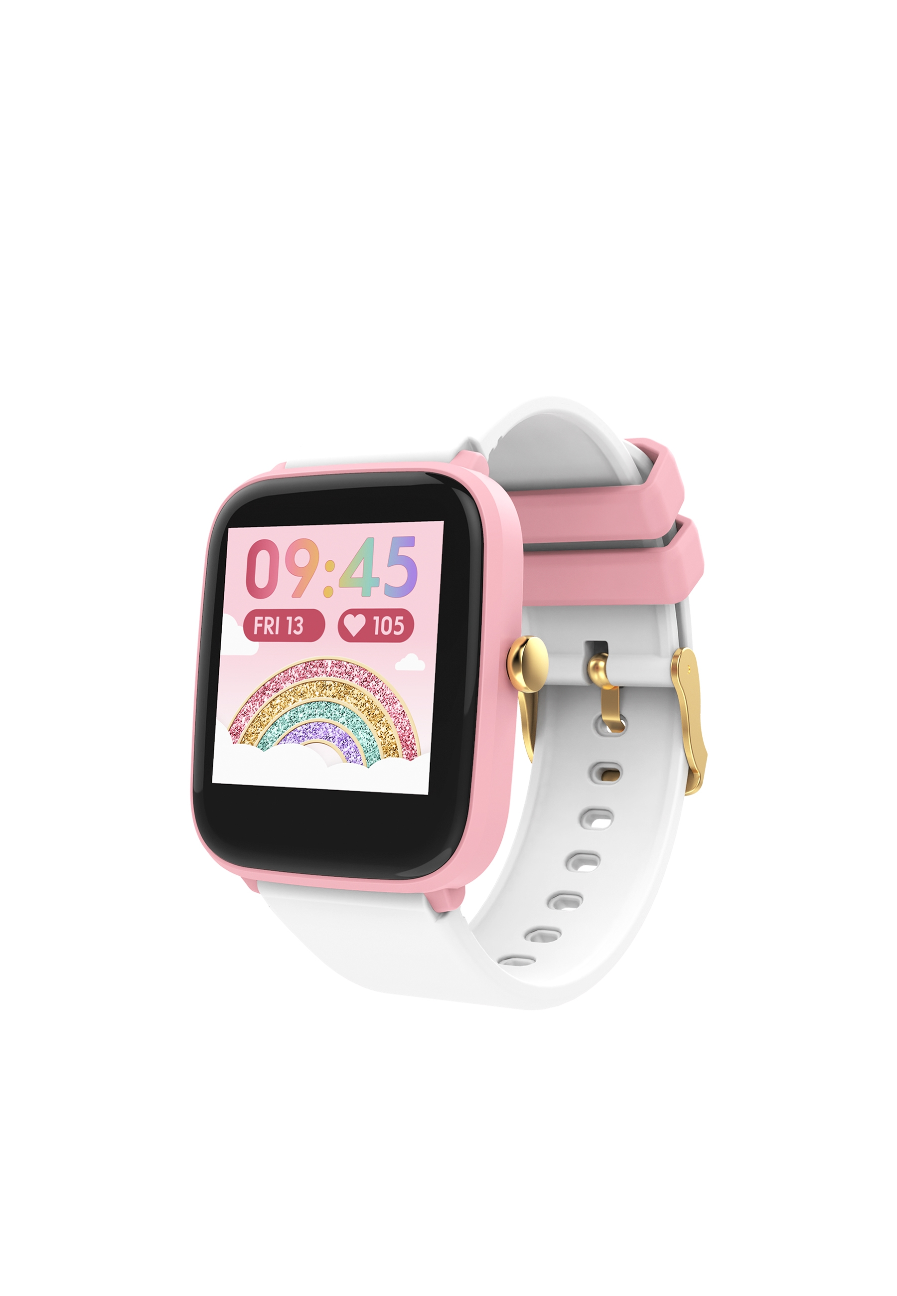 Rosa und weiße Smartwatch mit Regenbogen-Anzeige. Weißer Hintergrund.