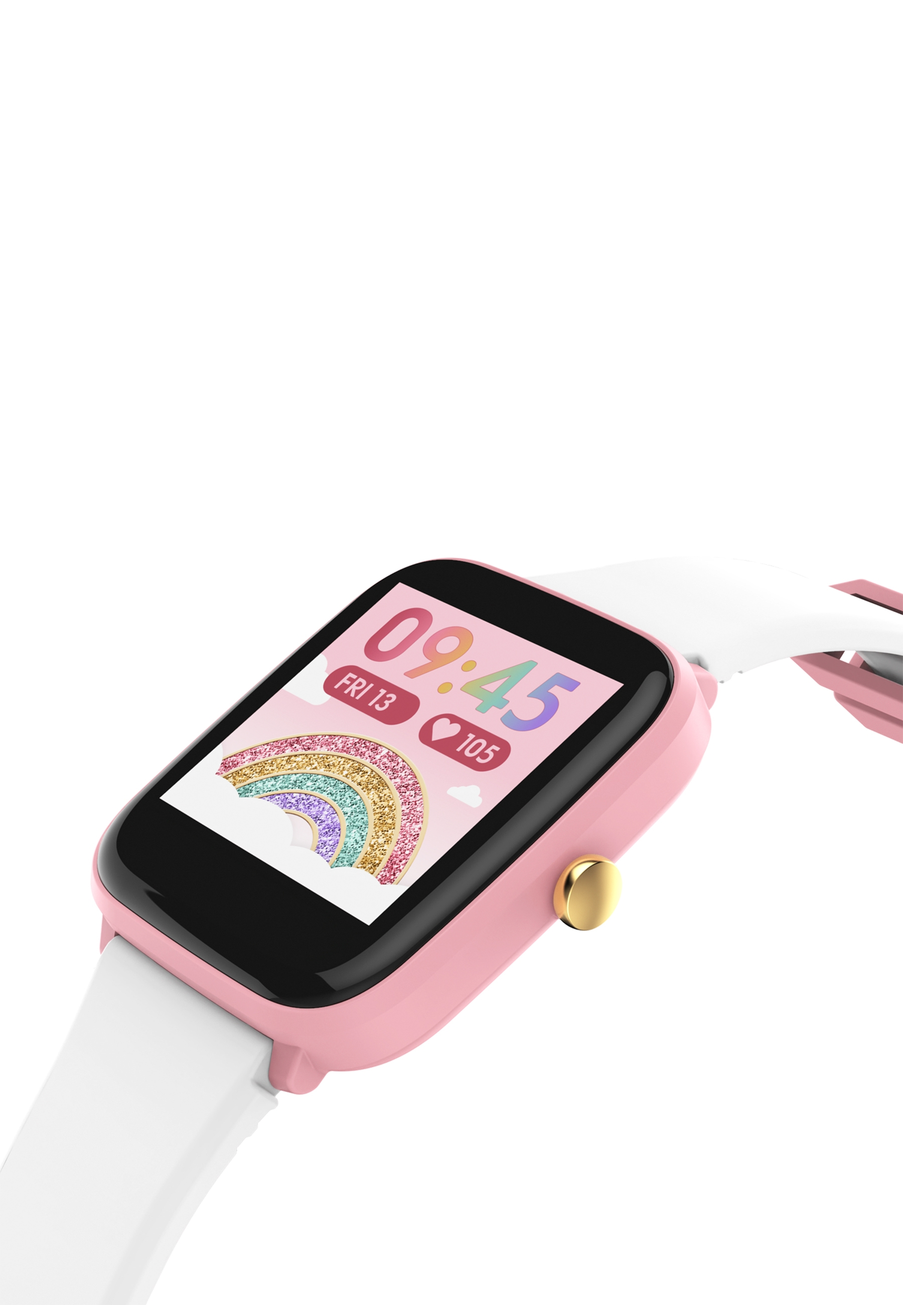 Eine rosa Smartwatch mit weißem Armband, die Zeit, einen Regenbogen und die Herzfrequenz anzeigt.