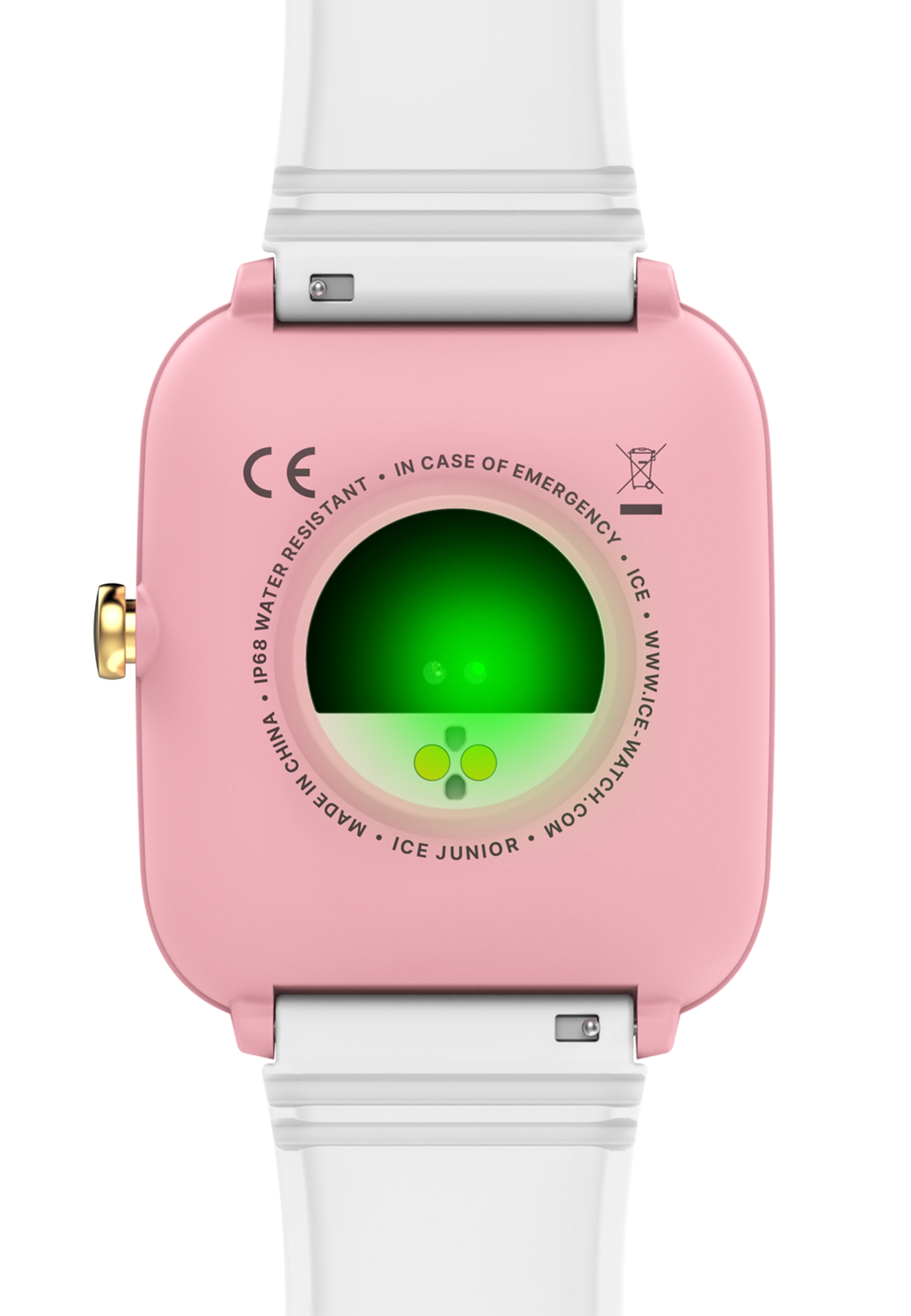 Eine pinke Smartwatch. Die Rückseite zeigt einen grünen Sensor und den Text der Uhr.