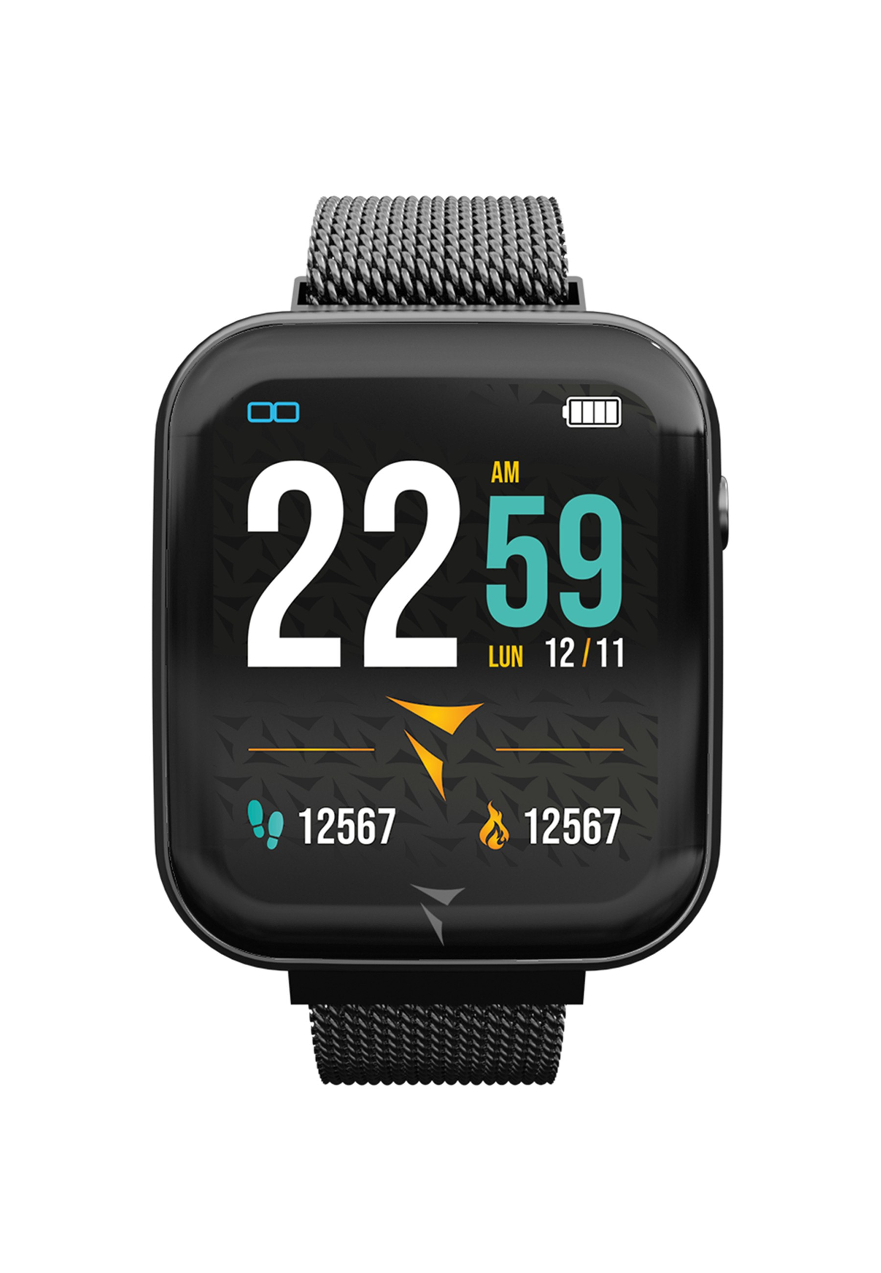Smartwatch noire avec bracelet en maille noire, affichant l'heure, la batterie et les pas.