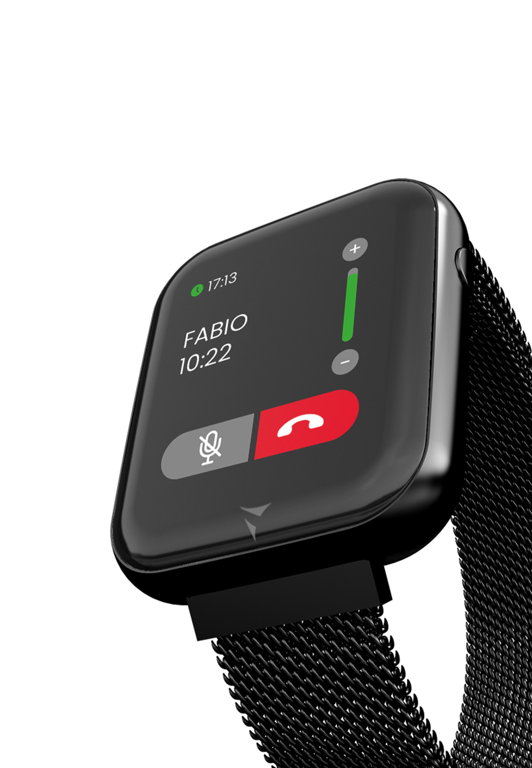 Écran de smartwatch noir affichant un appel. Affiche 'FABIO' et la durée de l'appel. Isolé sur blanc.