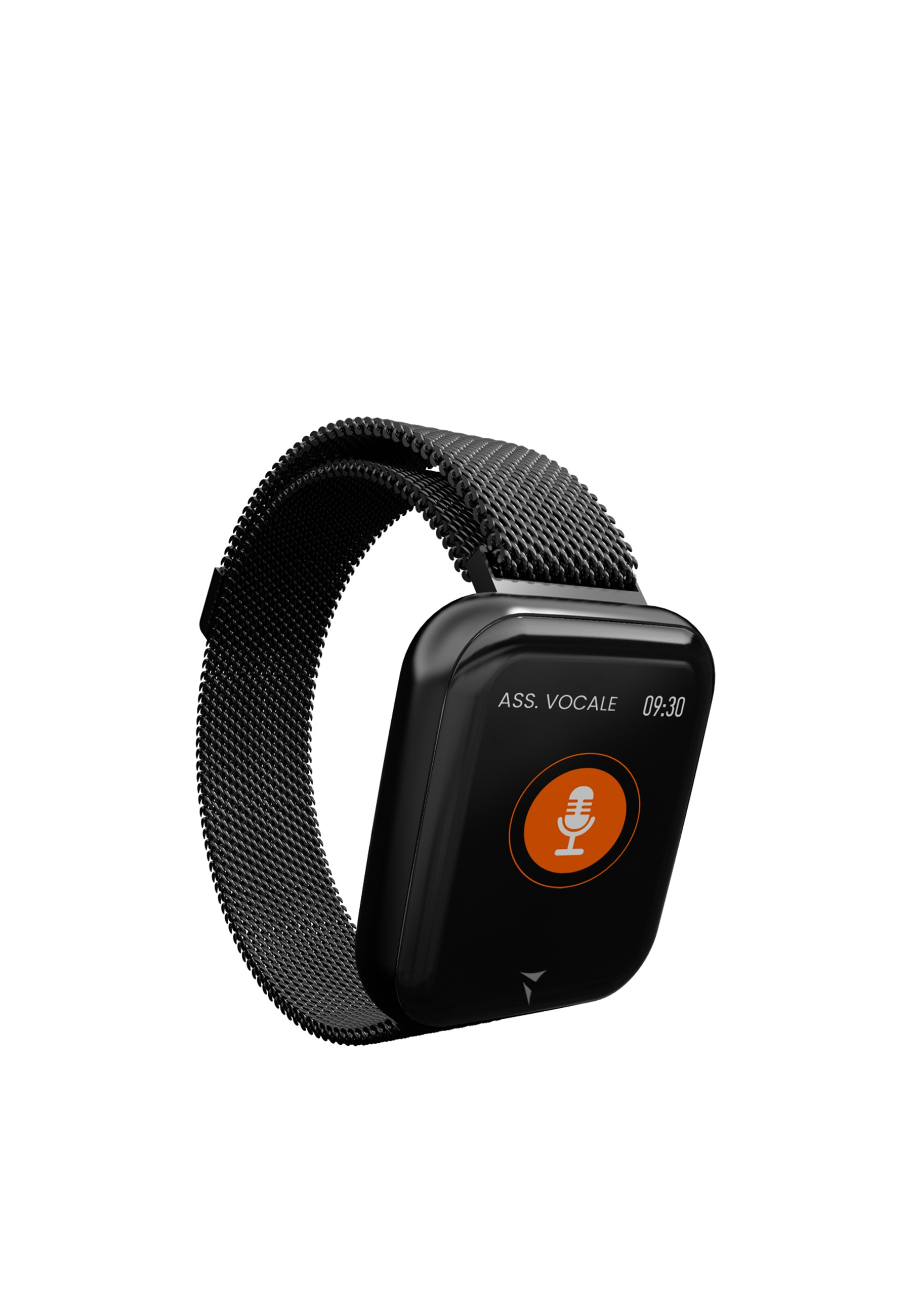 Une smartwatch noire avec une icône de microphone et un bracelet en maille noire.