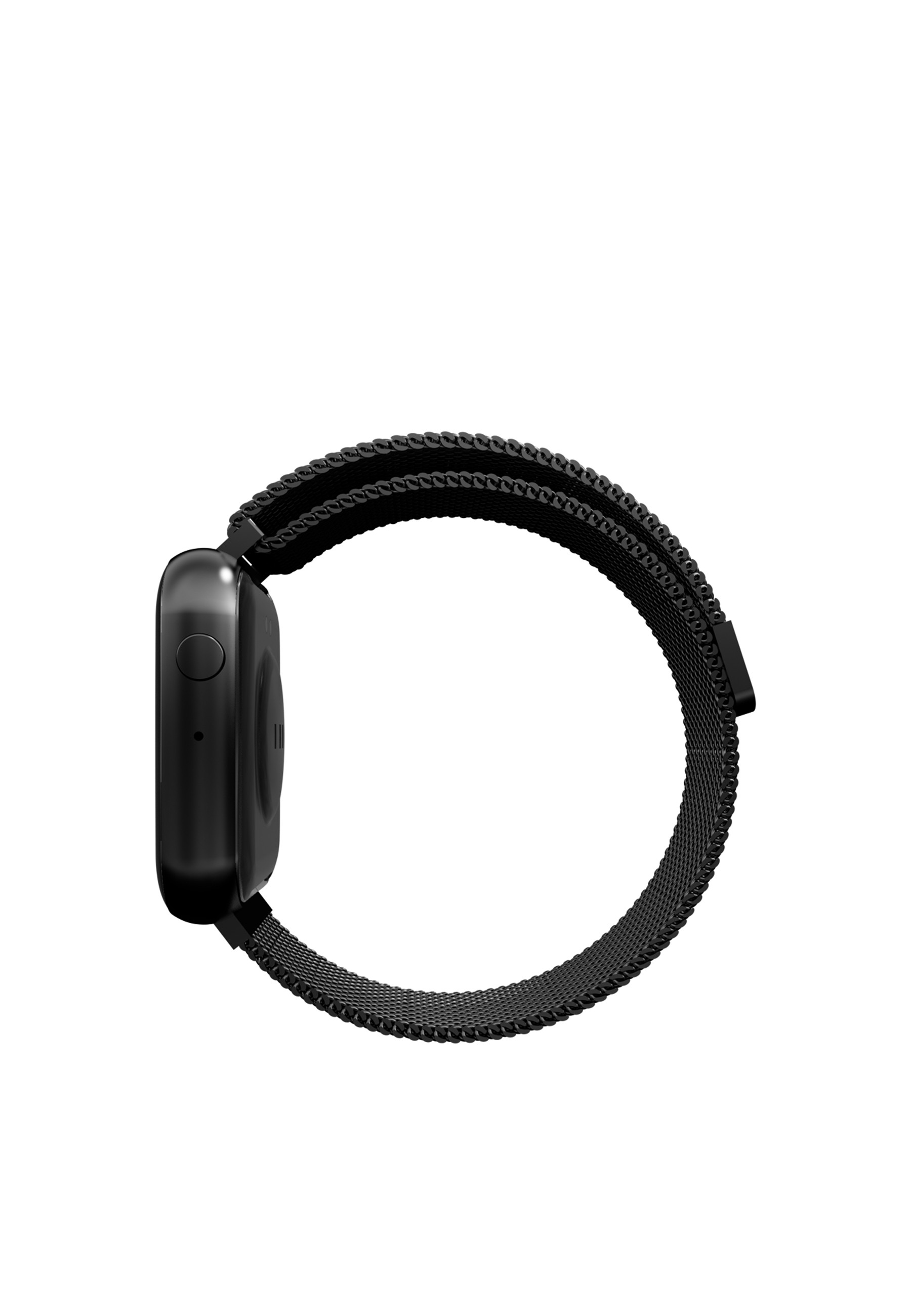 Smartwatch noire avec bracelet noir, vue de côté. Fond blanc.