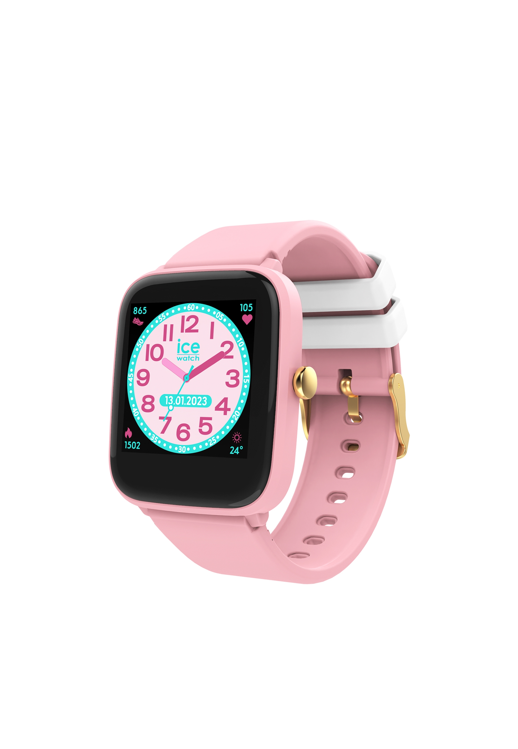 Eine rosa Ice Watch Smartwatch mit weißem und goldenem Armband, die das Datum 13.01.2023 anzeigt.