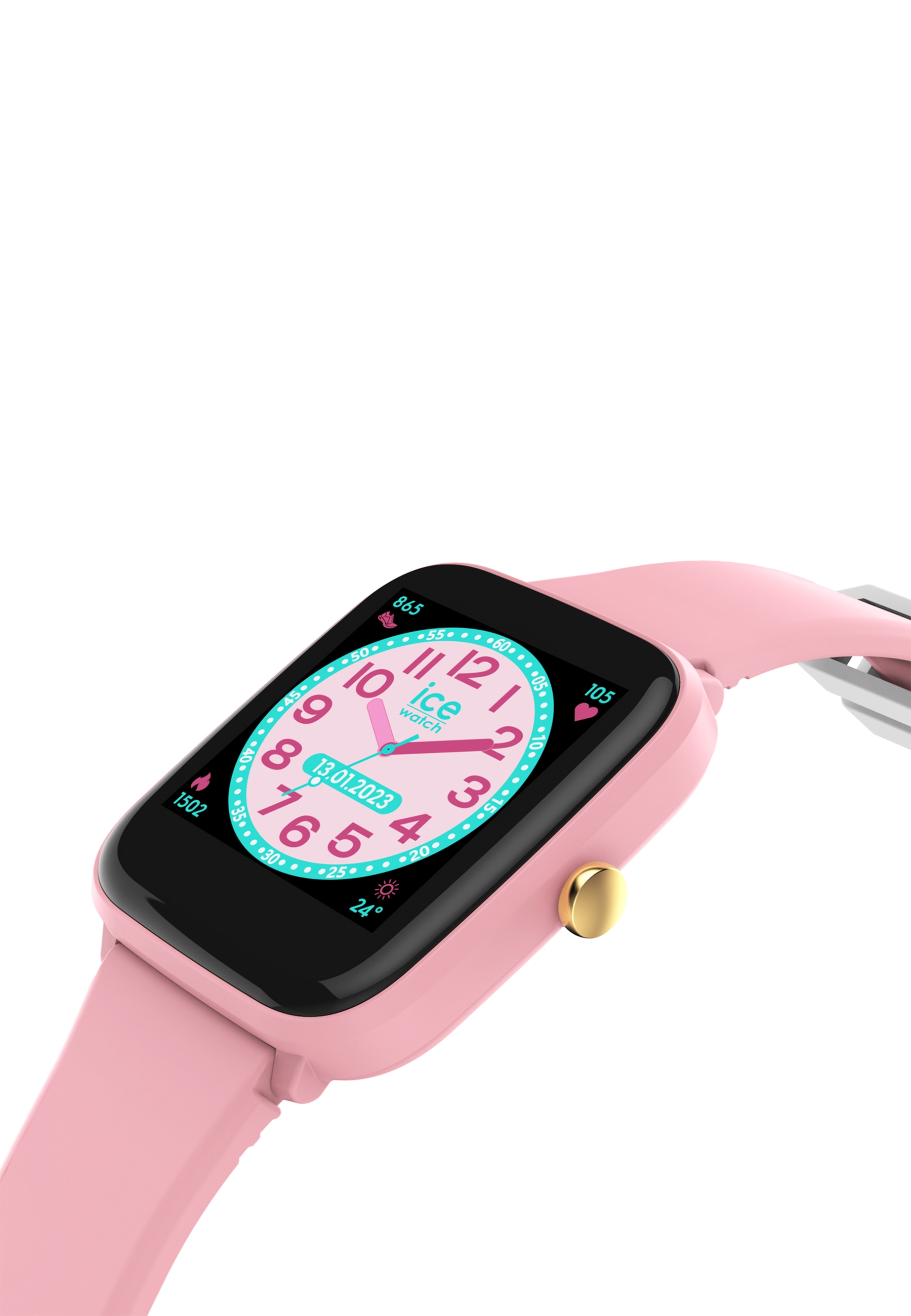 Rosa Smartwatch mit hellrosa Armband, zeigt Uhrzeit und Datum an.