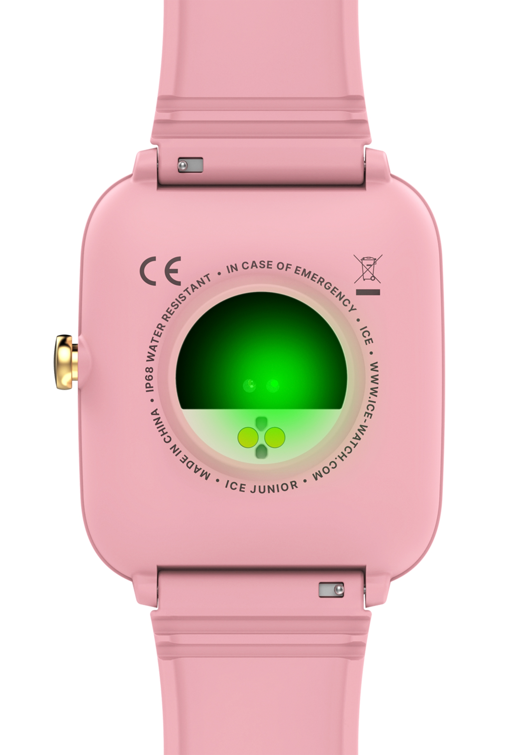 Rückseite der pinkfarbenen Smartwatch. Sie hat einen grünen Sensor und ein pinkfarbenes Armband.