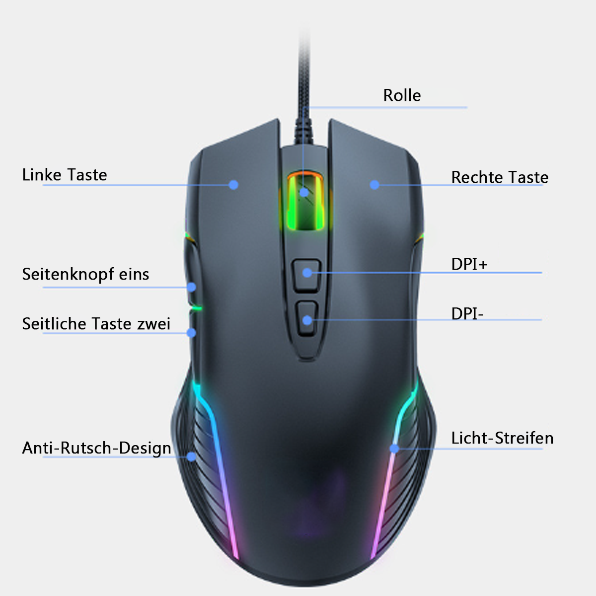Eine schwarze Gaming-Maus, beschriftet mit deutschem Text.
