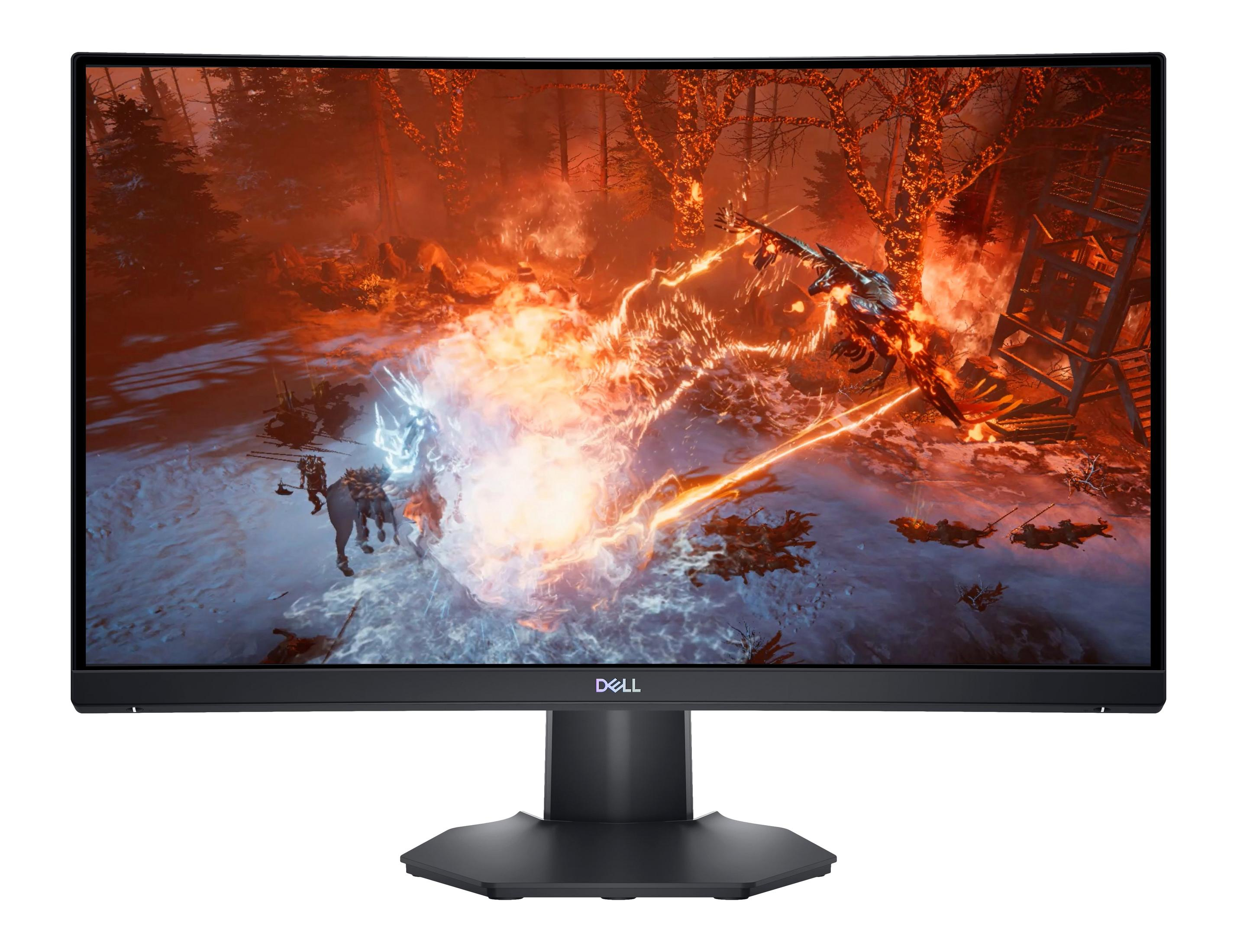 Un monitor curvo para juegos de Dell que muestra una escena de batalla ardiente de un videojuego.