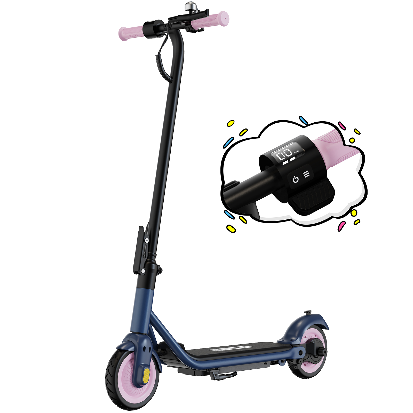 Ein blau-rosa Roller mit Digitalanzeige und einer Person, die ihn bedient.