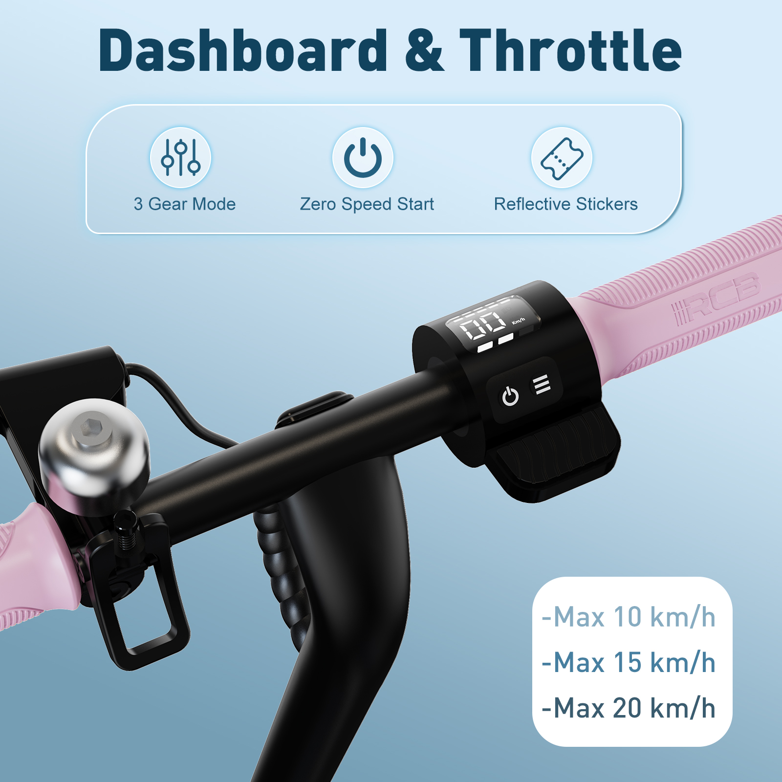 Roller-Lenker mit 3-Gang-Modus, Null-Geschwindigkeit-Start und reflektierenden Aufklebern. Rosa Griffe und eine Glocke.
