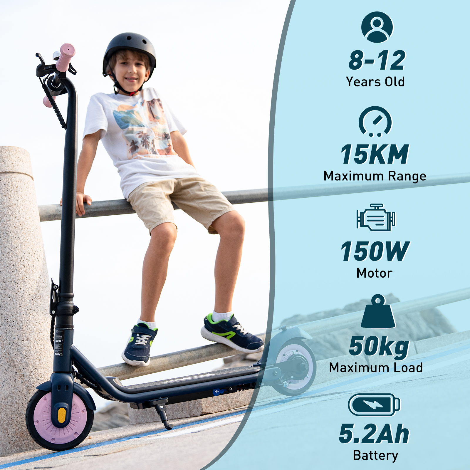 Junge auf einem Roller, Spezifikationen: 8-12 Jahre, 15 km Reichweite, 150 W Motor, 50 kg max. Belastung, 5,2 Ah Akku.