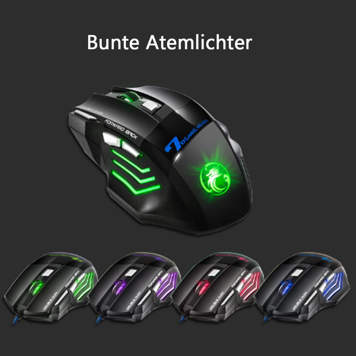 Gaming-Maus mit bunten Lichtern. Zeigt mehrere Mäuse mit verschiedenen Farbschemata.