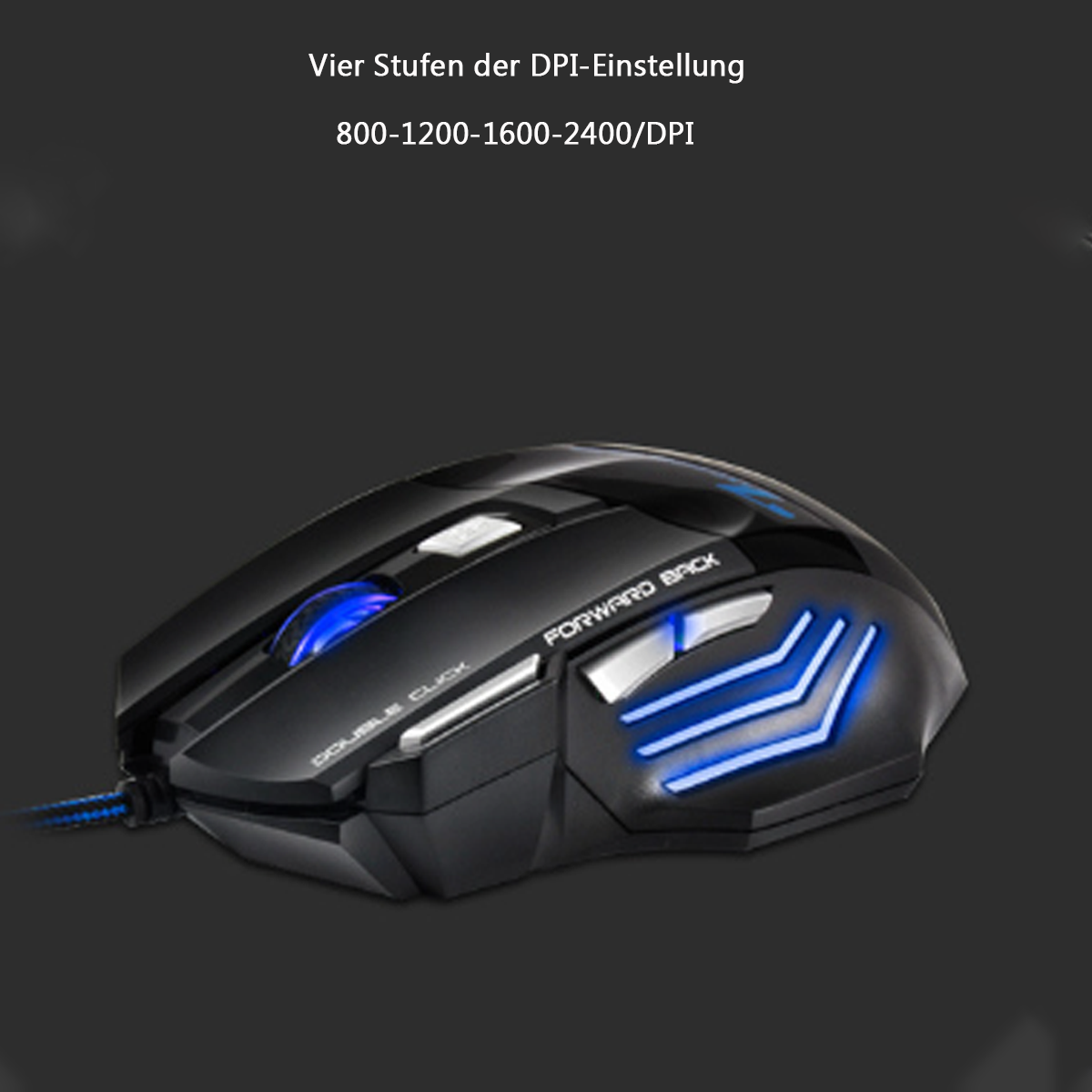 Schwarze Gaming-Maus. Blaue Beleuchtung und Tasten.