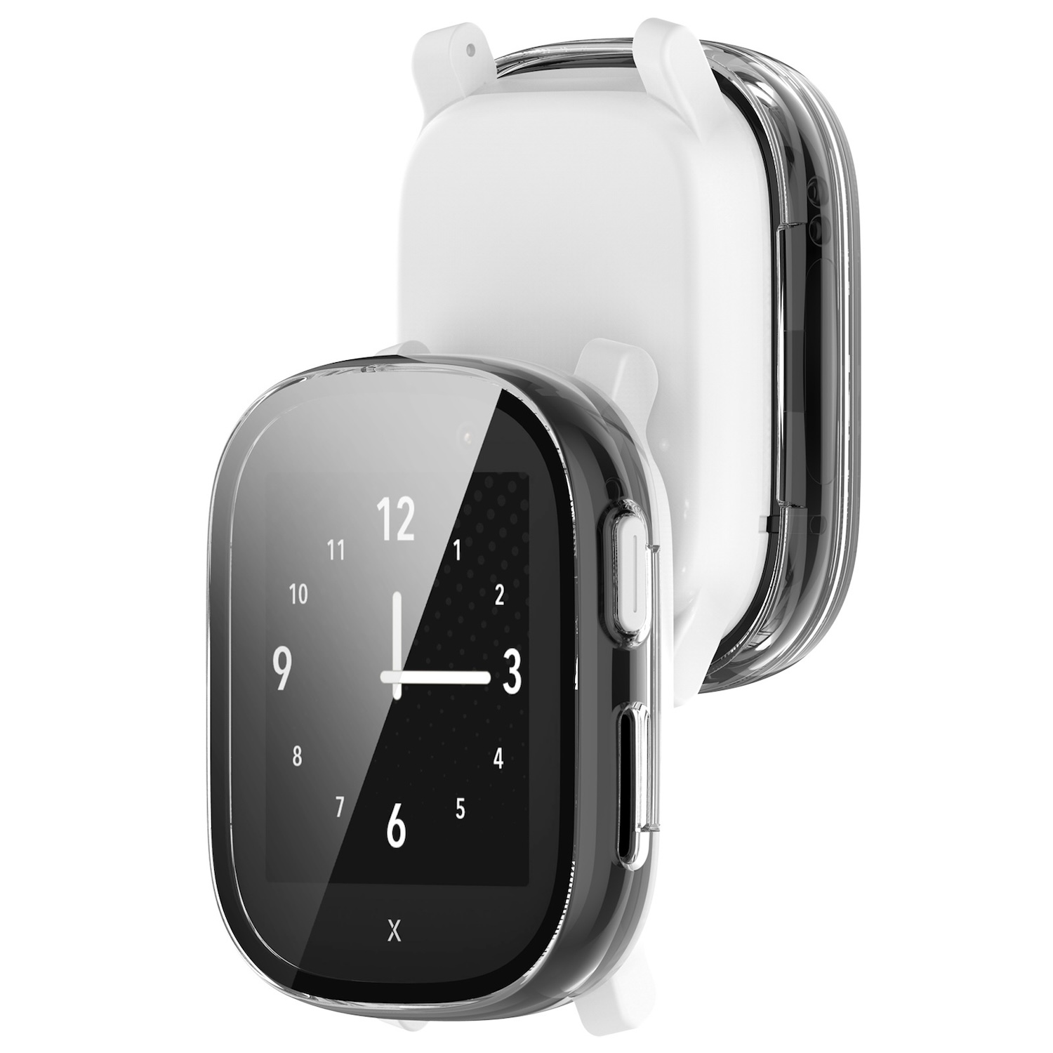 Zwei Uhrengehäuse, eines mit einer Uhr. Schwarze Uhr mit weißen Zahlen. Weißer Hintergrund.