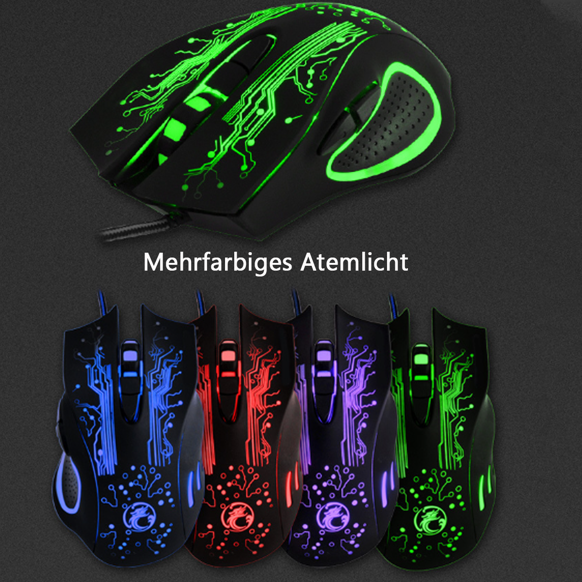 Schwarze Gaming-Maus mit grünen Lichteffekten oben und mehreren Farboptionen unten.