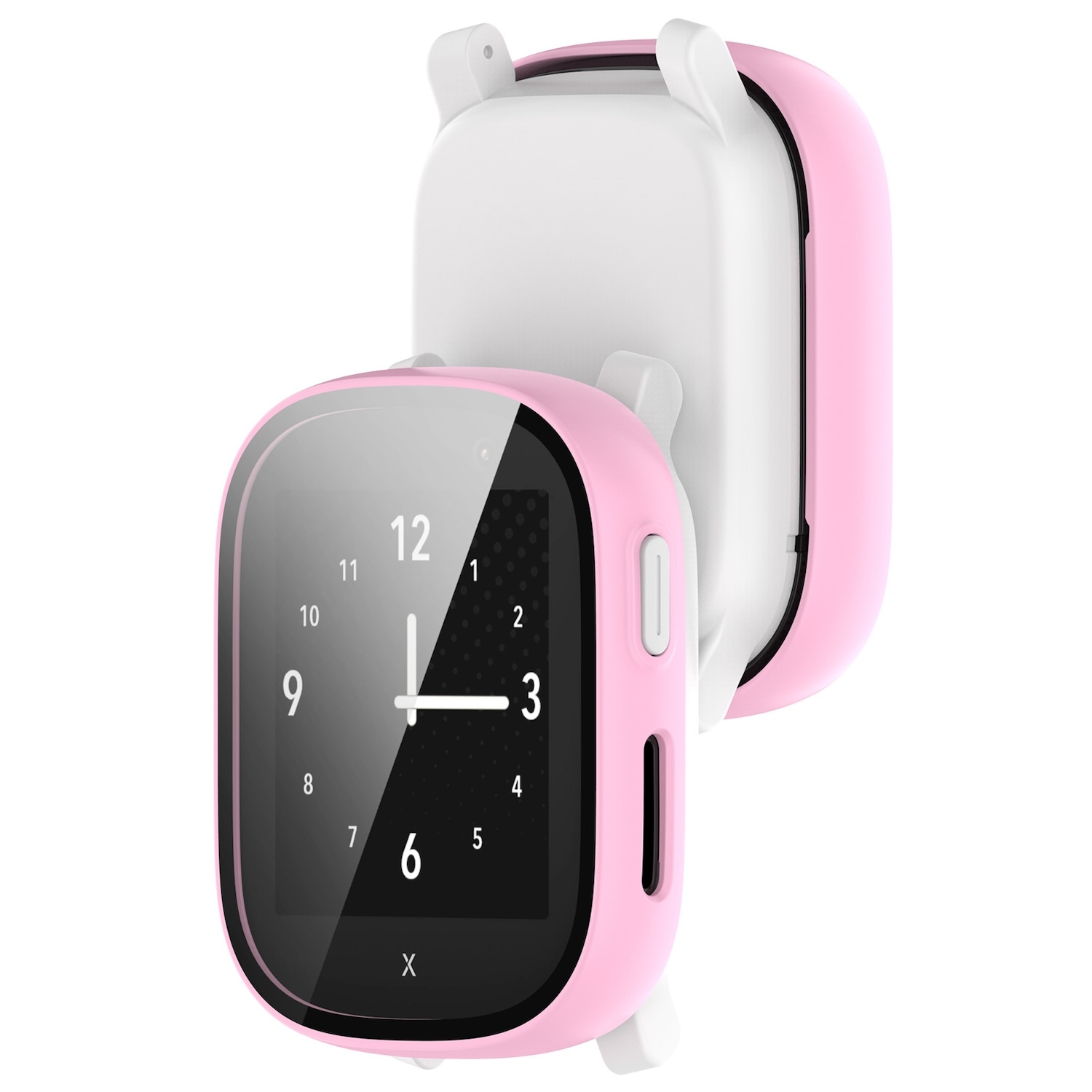 Eine rosa Smartwatch mit weißen, ohrenförmigen Akzenten und einem schwarzen Bildschirm, der die Uhrzeit anzeigt.