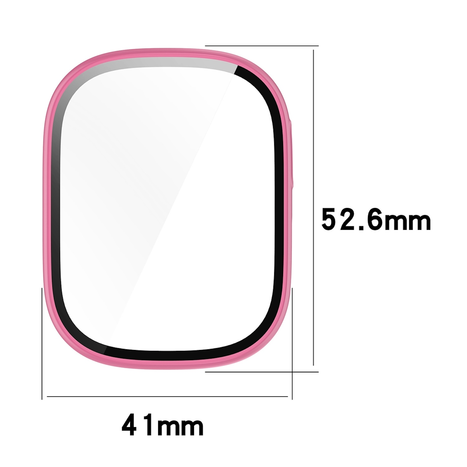 Rosa Displayschutzfolie mit Abmessungen: 52,6 mm x 41 mm. Schwarzer Rand um den Bildschirm.