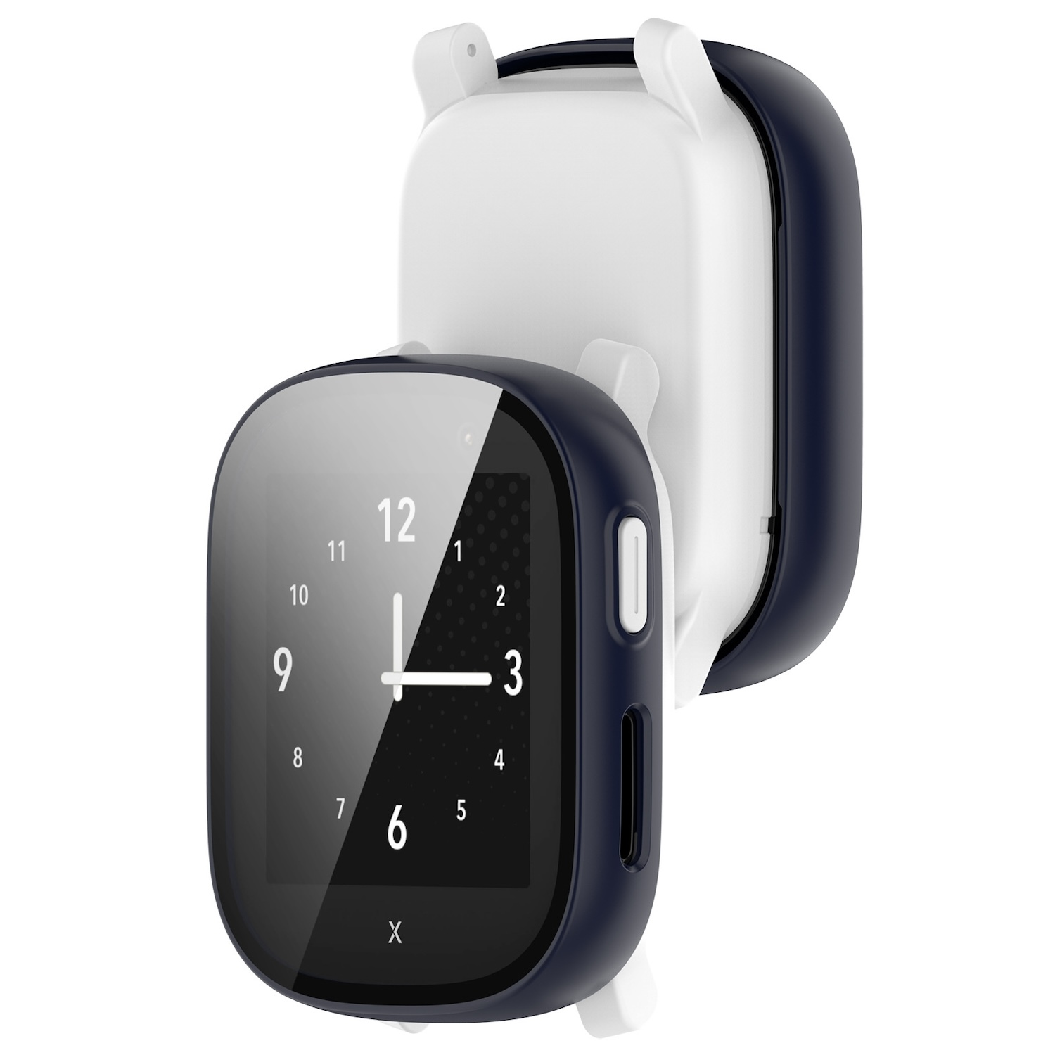 Eine Smartwatch mit dunkelblauer Schutzhülle. Der Bildschirm zeigt die Uhrzeit. Weißer Hintergrund.