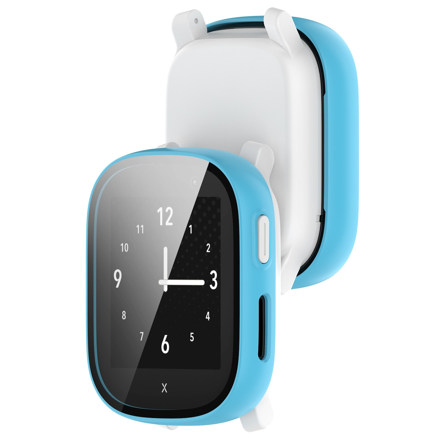 Eine Smartwatch mit blauem Gehäuse und weißen Akzenten, die ein Zifferblatt anzeigt.