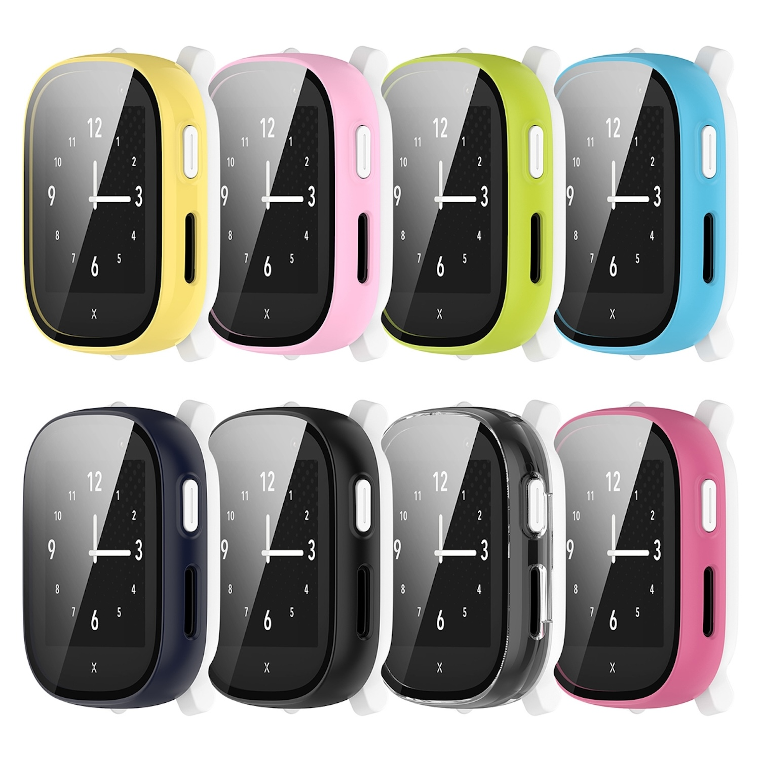 Eine Reihe von Smartwatches in verschiedenen Farben mit einem Zifferblatt.