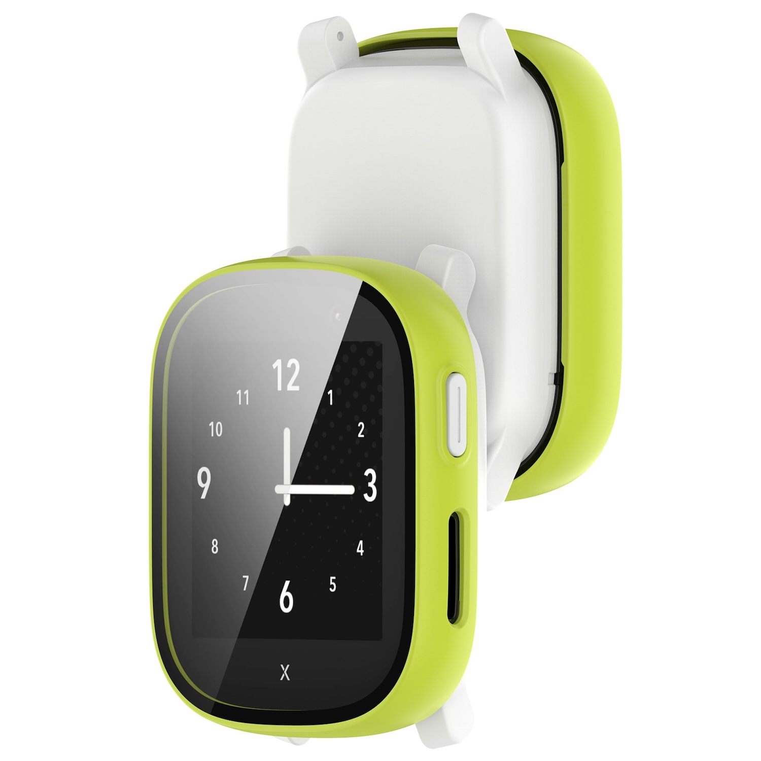 Eine Smartwatch in einem limettengrünen Gehäuse, mit geöffneter weißer Schutzhülle.