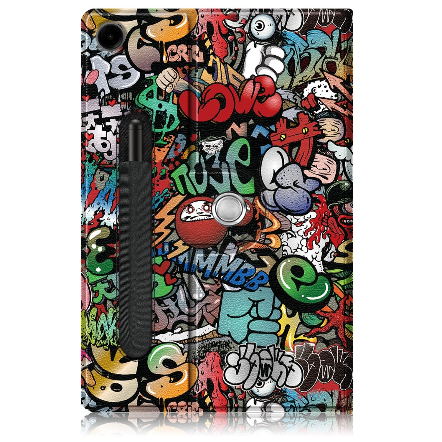 Funda de tableta con arte de graffiti, un lápiz y una correa de mano.