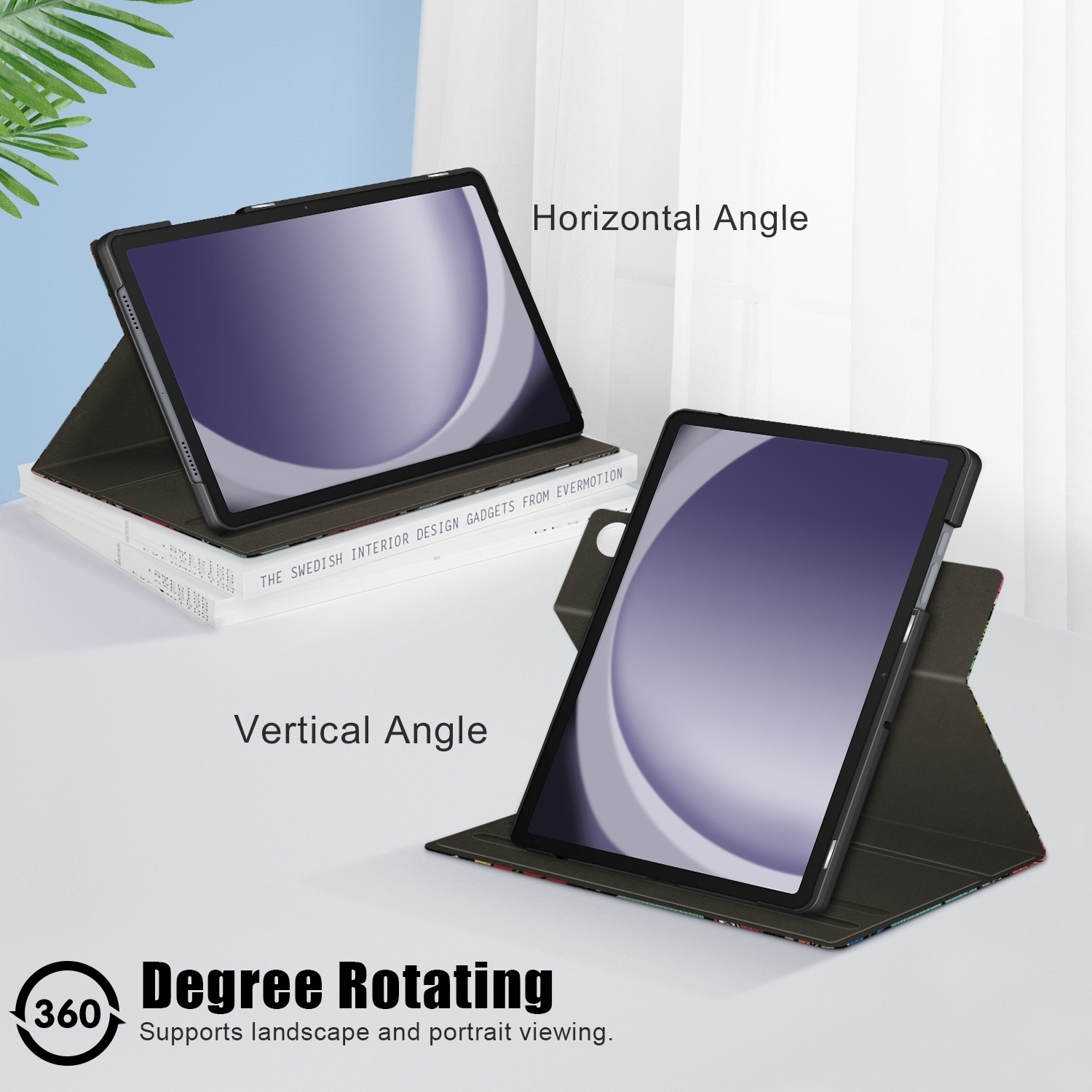 Tableta en una funda, que muestra vistas de ángulo horizontal y vertical, con texto que describe la rotación.