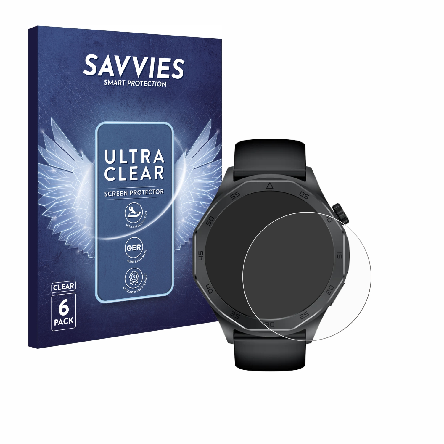 Schwarze Smartwatch mit klarer Displayschutzfolie und einer Box.