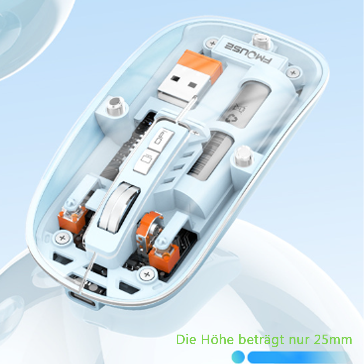Eine zerlegte drahtlose Maus, die interne Komponenten und einen USB-Empfänger zeigt.