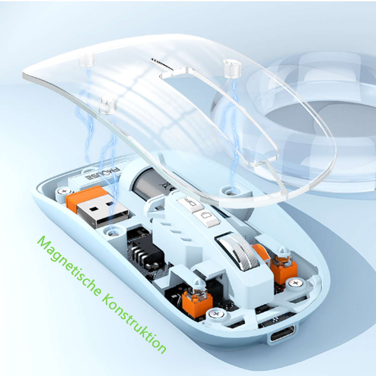 Hellblaue zerlegte Maus, die interne Komponenten zeigt: Batterie, Leiterplatte und orangefarbene Tasten.