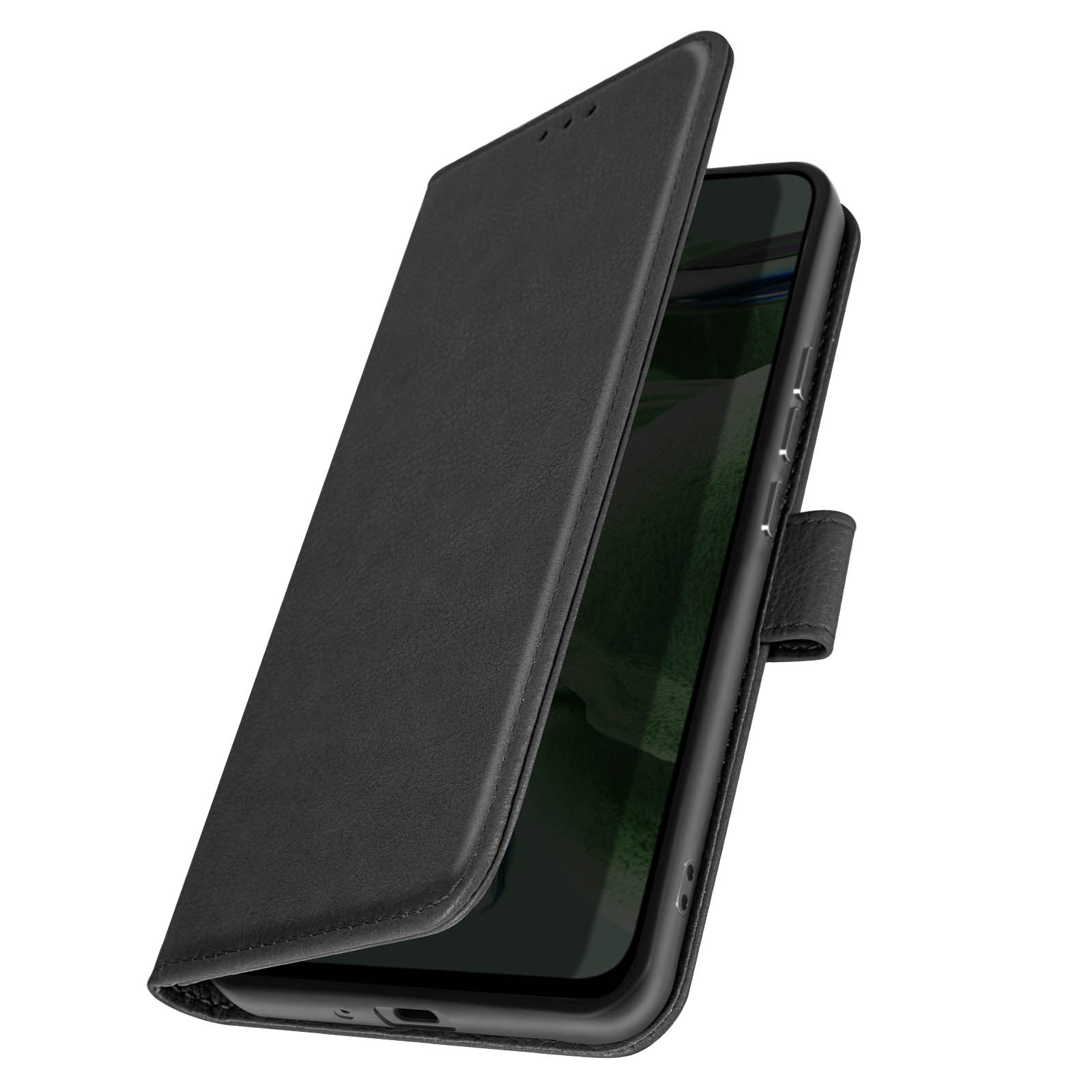Funda de teléfono negra con el teléfono parcialmente visible. La funda está abierta.