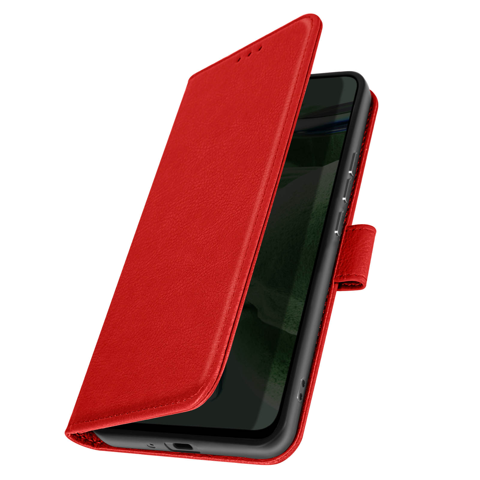 Funda de teléfono roja con tapa abierta, mostrando un teléfono negro.