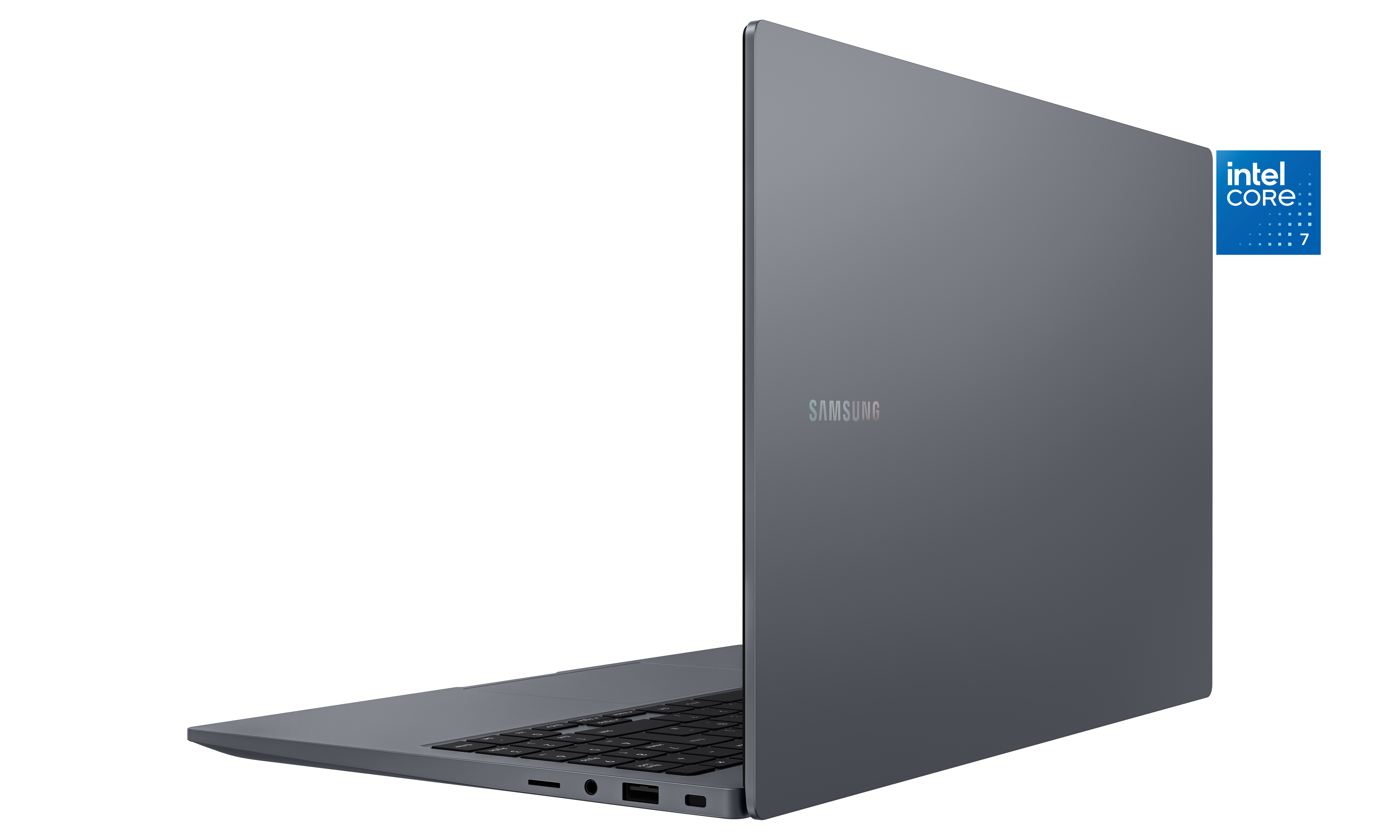 Un portátil gris Samsung se muestra en ángulo, parcialmente abierto. Una pegatina Intel Core i7 es visible.