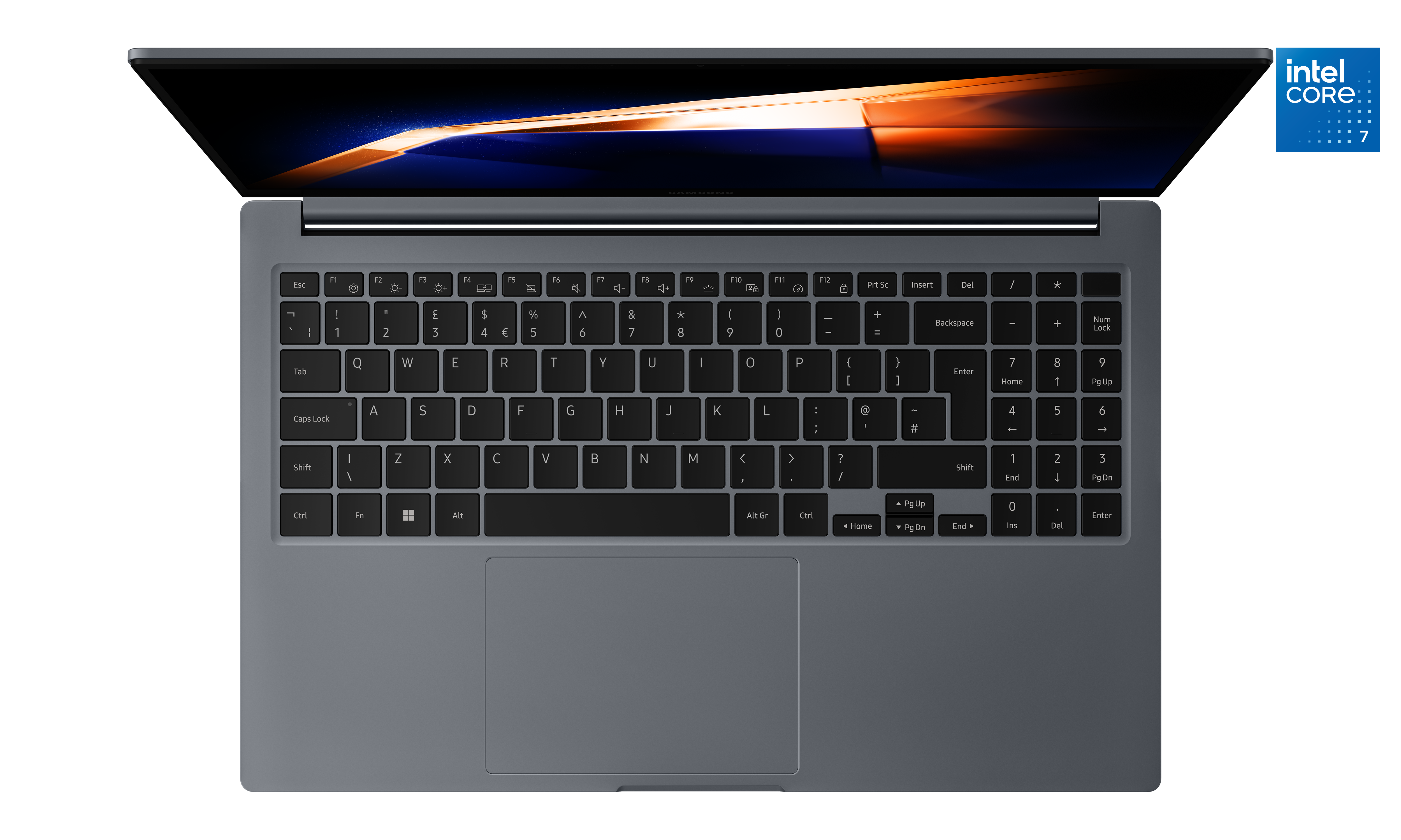 Portátil con teclado y pantalla negros, logotipo Intel Core 7 y cuerpo gris oscuro.