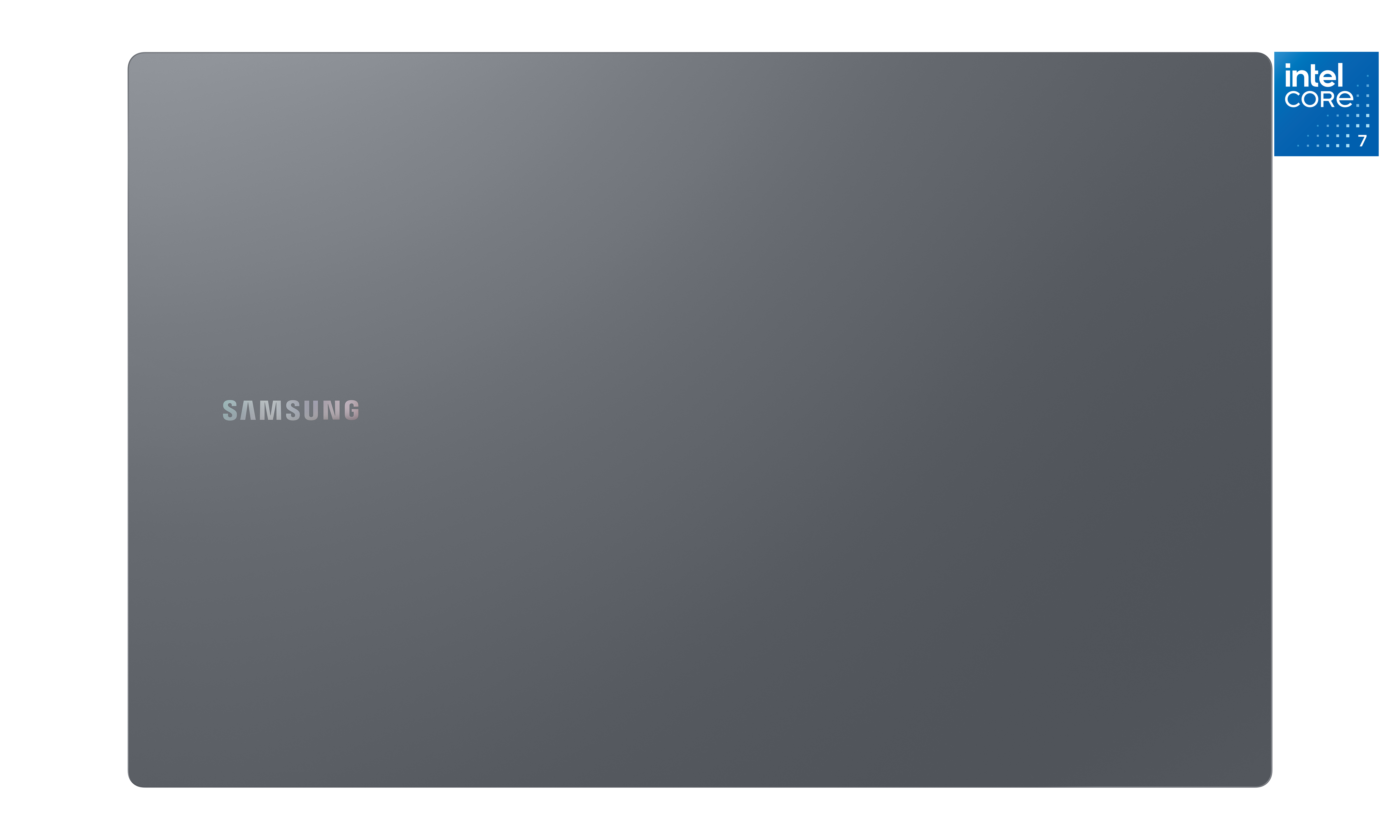 Un portátil gris con el logotipo de Samsung, la etiqueta Intel Core i7 y esquinas redondeadas. El fondo es blanco.