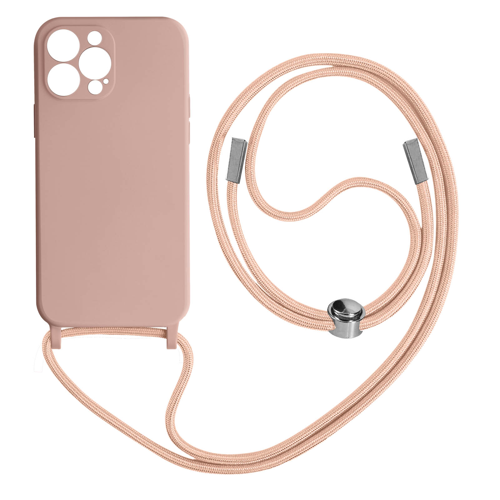 Custodia per telefono rosa polveroso con cordino abbinato.