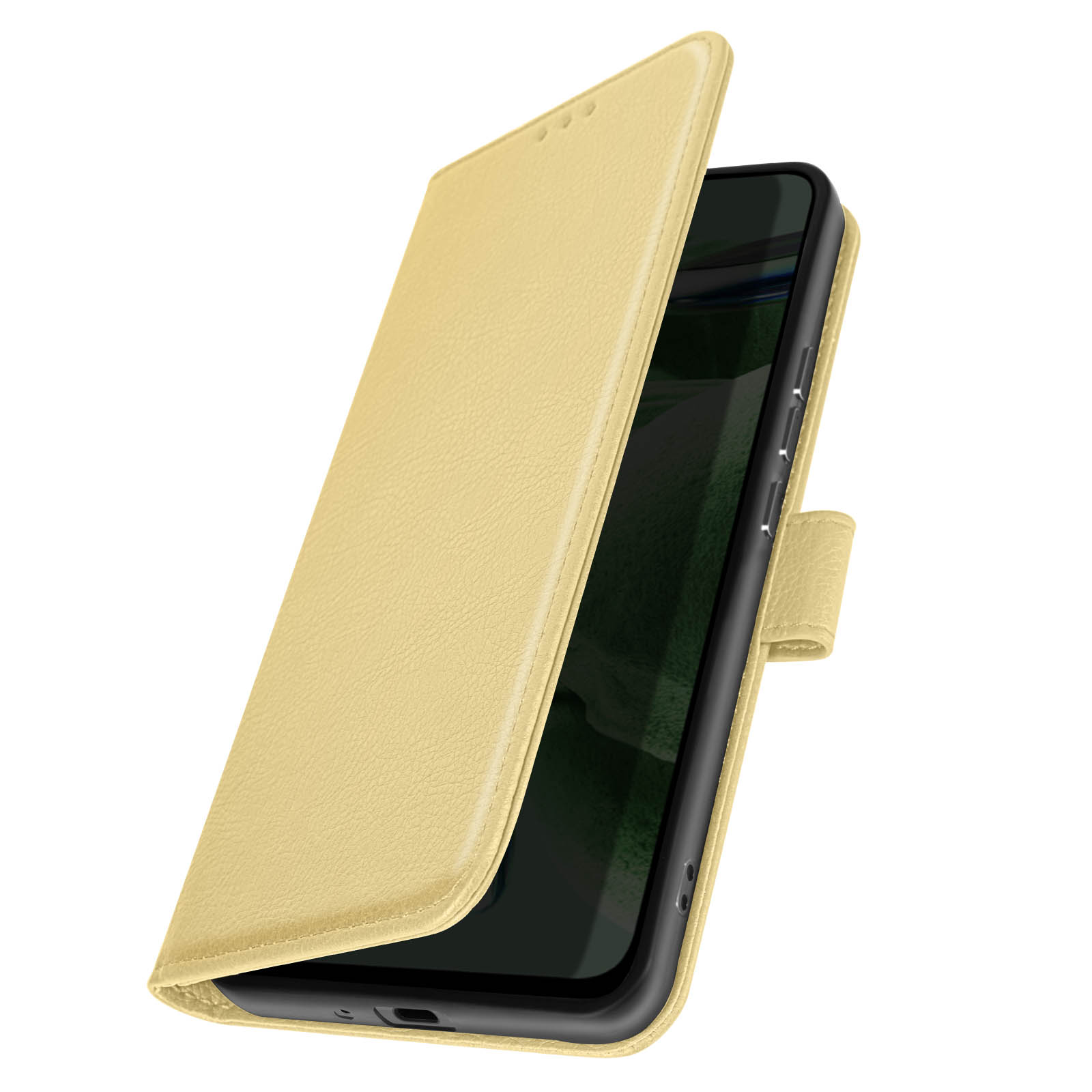 Funda de teléfono beige, abierta, con un teléfono negro dentro. La funda tiene solapa.