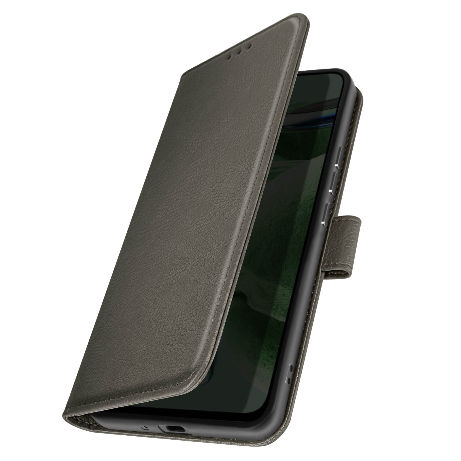 Funda de teléfono de cuero gris con una solapa abierta, revelando el teléfono.