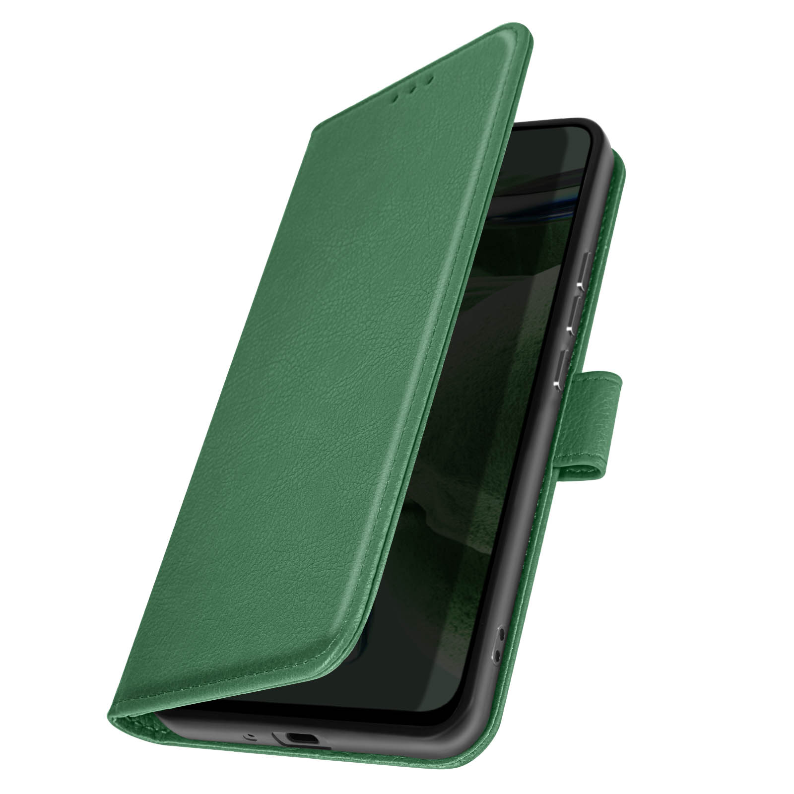 Custodia per telefono in pelle verde aperta, rivela un telefono nero. La custodia è aperta, mostra lo schermo.