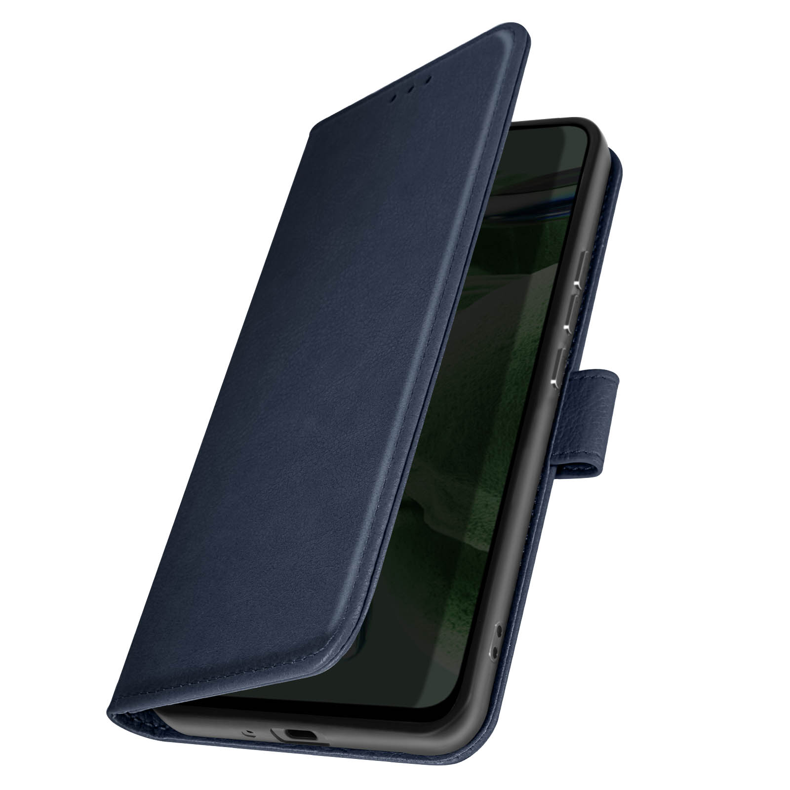 Una funda de teléfono azul oscuro, abierta, que revela un teléfono. El interior es negro.